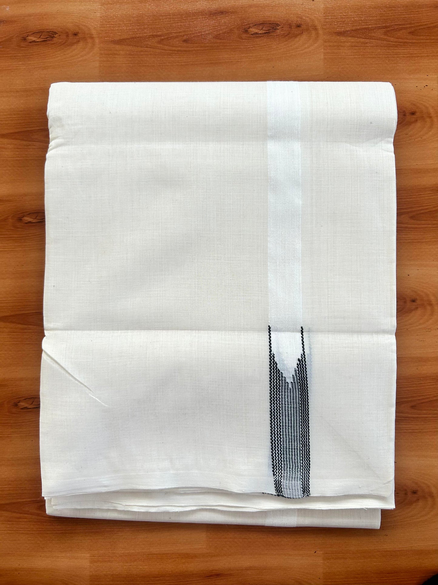 Double Off White (Unbleached) Mundu/Dhoti - 25% Discount!! KaithariKada Handloom Millpaav - Kerala Handloom - 100% Pure Cotton - 80x90 - 0.5 inch Black Striped Chutty Kara 4 meter (8.5 muzham) - 21 KK5449 YAR