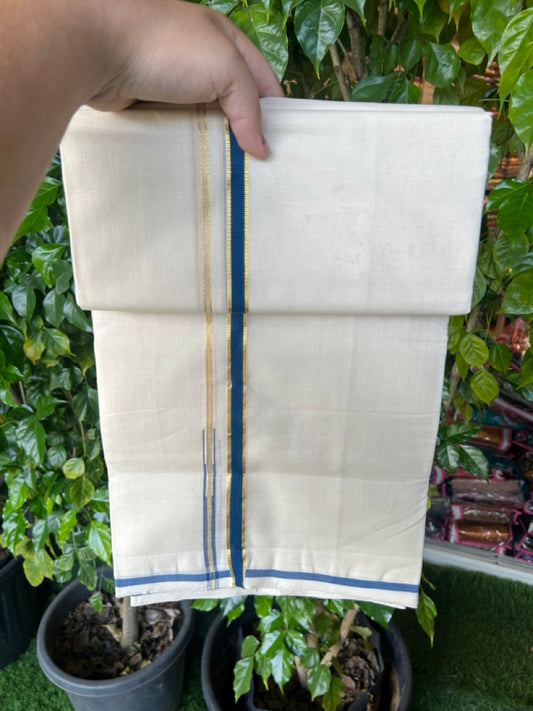25% DISCOUNT!! KaithariKada HANDLOOM MILPAAV Balaramapuram - 100% PURE Cotton OFF White Double - (Unbleached) Mundu/Dothi - 80x90 - 0.5 Inch Kasavu Peacock Blue Puliyilakkara chutty - 71KK5234 RAM