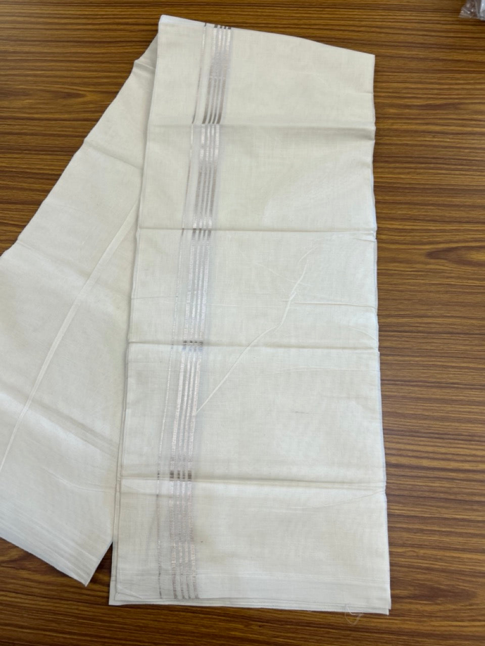 20% Discount ! Kaitharikada Balaramapuram 100% Cotton Off White Double (Unbleached) Mundu/Dothi - 100x80 - 0.75 inch Silver Kasav Stripes Kara 3.80 mtr (8 muzham) - 44 KK5299 THI