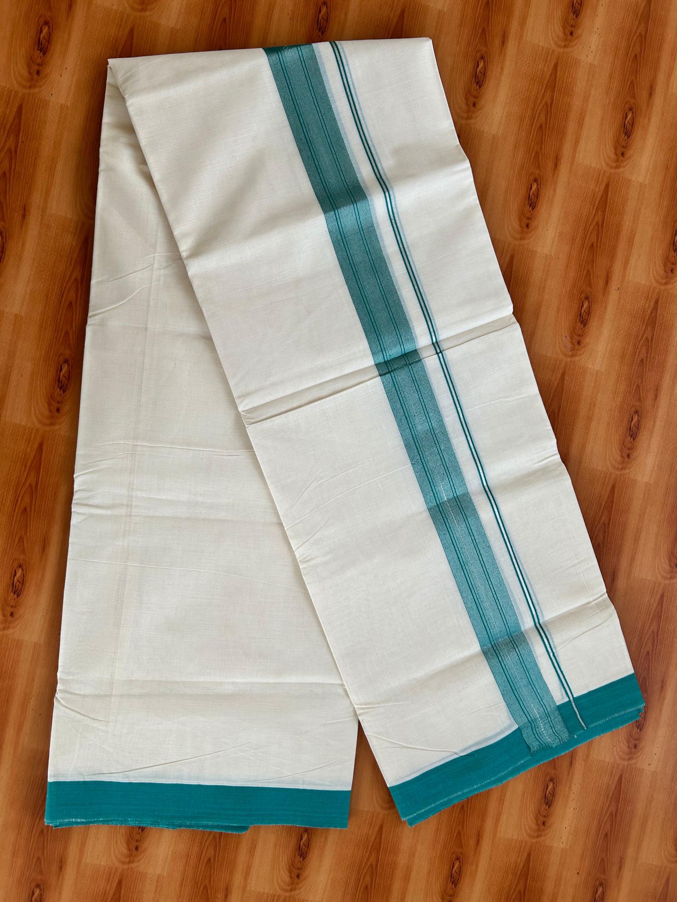 Double Off White (Unbleached) Mundu/Dhoti - 20% Discount! Kaitharikada Pure Cotton - 80x80 - 1.5 Inch Silver Kasav Jungle Green Striped Kara 4 mtr (8.5 muzham) - 1 KK5489 MRH