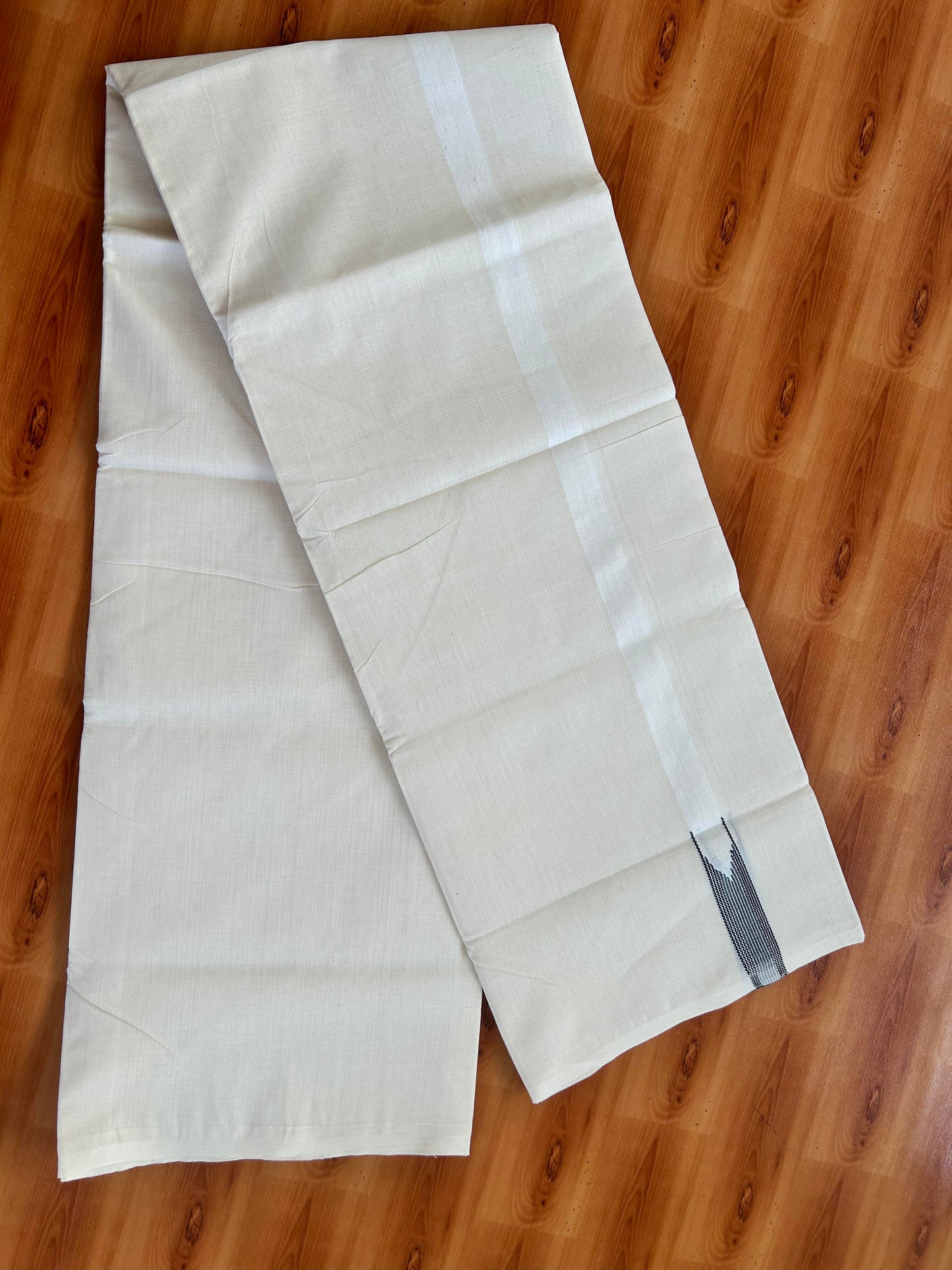Double Off White (Unbleached) Mundu/Dhoti - 25% Discount!! KaithariKada Handloom Millpaav - Kerala Handloom - 100% Pure Cotton - 80x90 - 0.5 inch Black Striped Chutty Kara 4 meter (8.5 muzham) - 21 KK5449 YAR