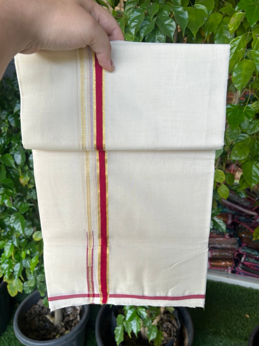 25% DISCOUNT!! KaithariKada HANDLOOM MILPAAV Balaramapuram - 100% PURE Cotton OFF White Double - (Unbleached) Mundu/Dothi - 80x90 - 0.5 Inch Kasavu Deep Red Puliyilakkara chutty - 70KK5234 RAM
