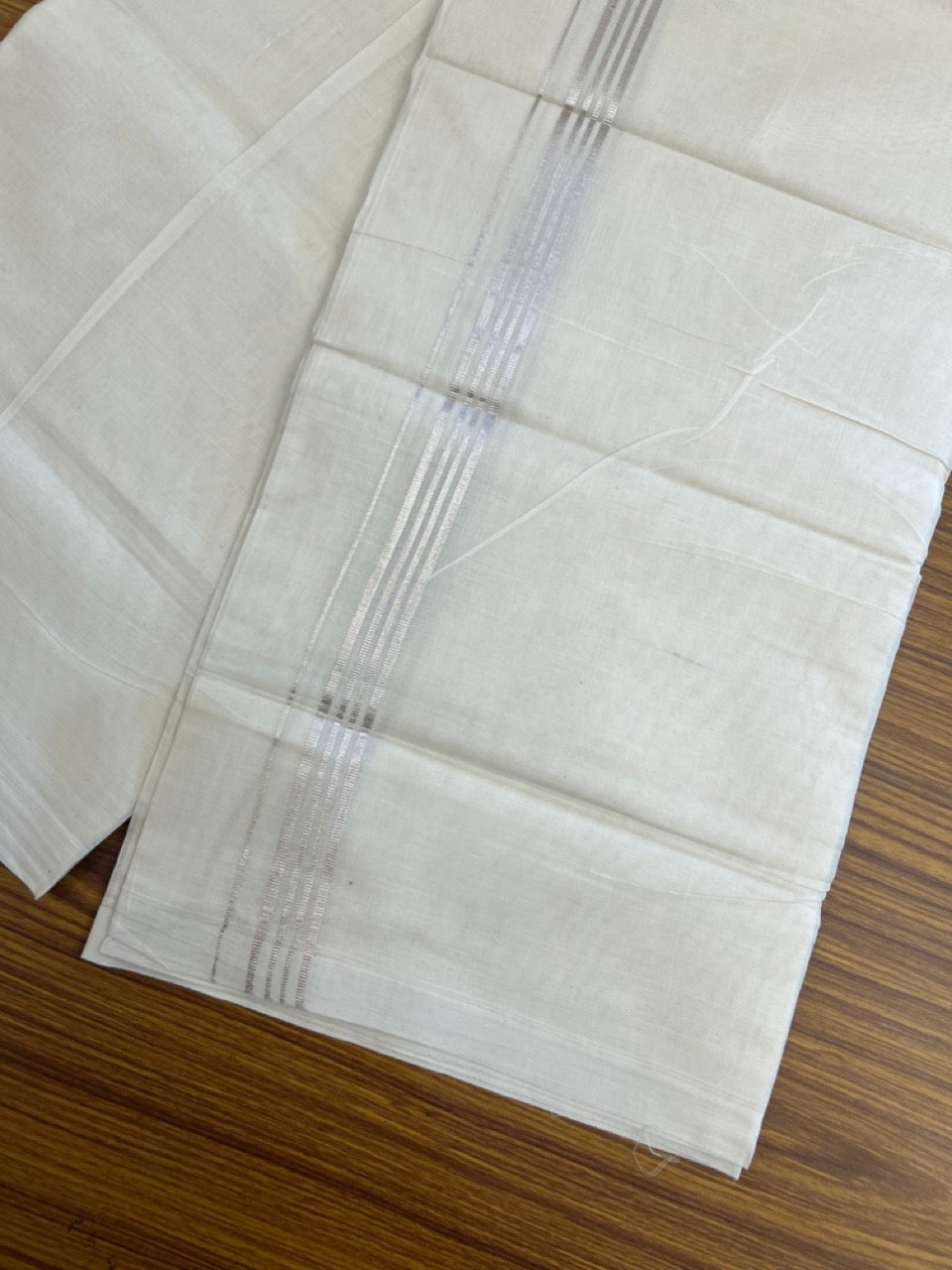 20% Discount ! Kaitharikada Balaramapuram 100% Cotton Off White Double (Unbleached) Mundu/Dothi - 100x80 - 0.75 inch Silver Kasav Stripes Kara 3.80 mtr (8 muzham) - 44 KK5299 THI