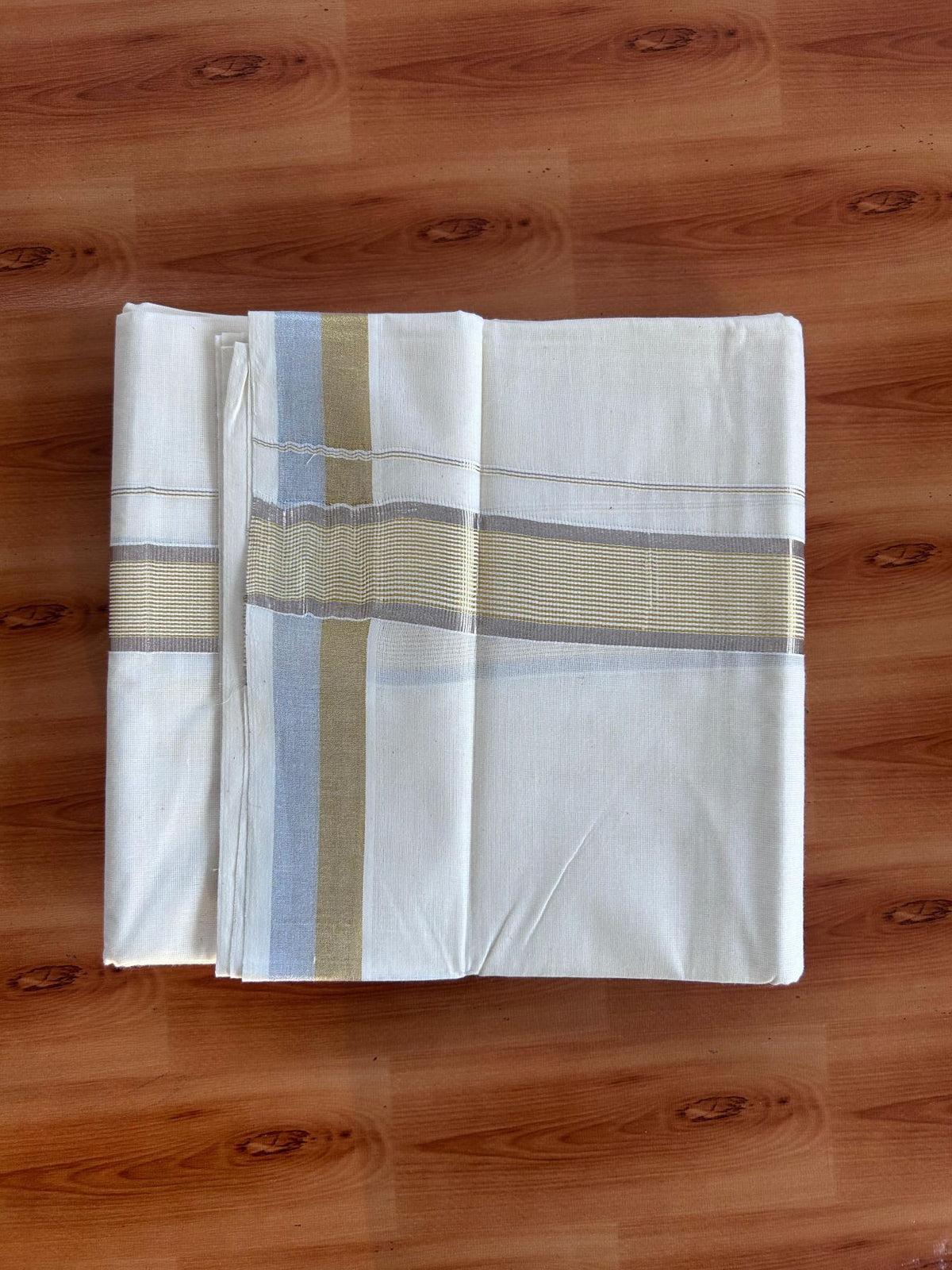 Off White (Unbleached) Double Mundu/Dhoti - 20% Discount ! KaithariKada - Mixed cotton - 80x72 - 1.5 inch Gold & Silver Kasav Striped Kara 4 mtr (8.5 muzham) - 19 KK5514 VIN