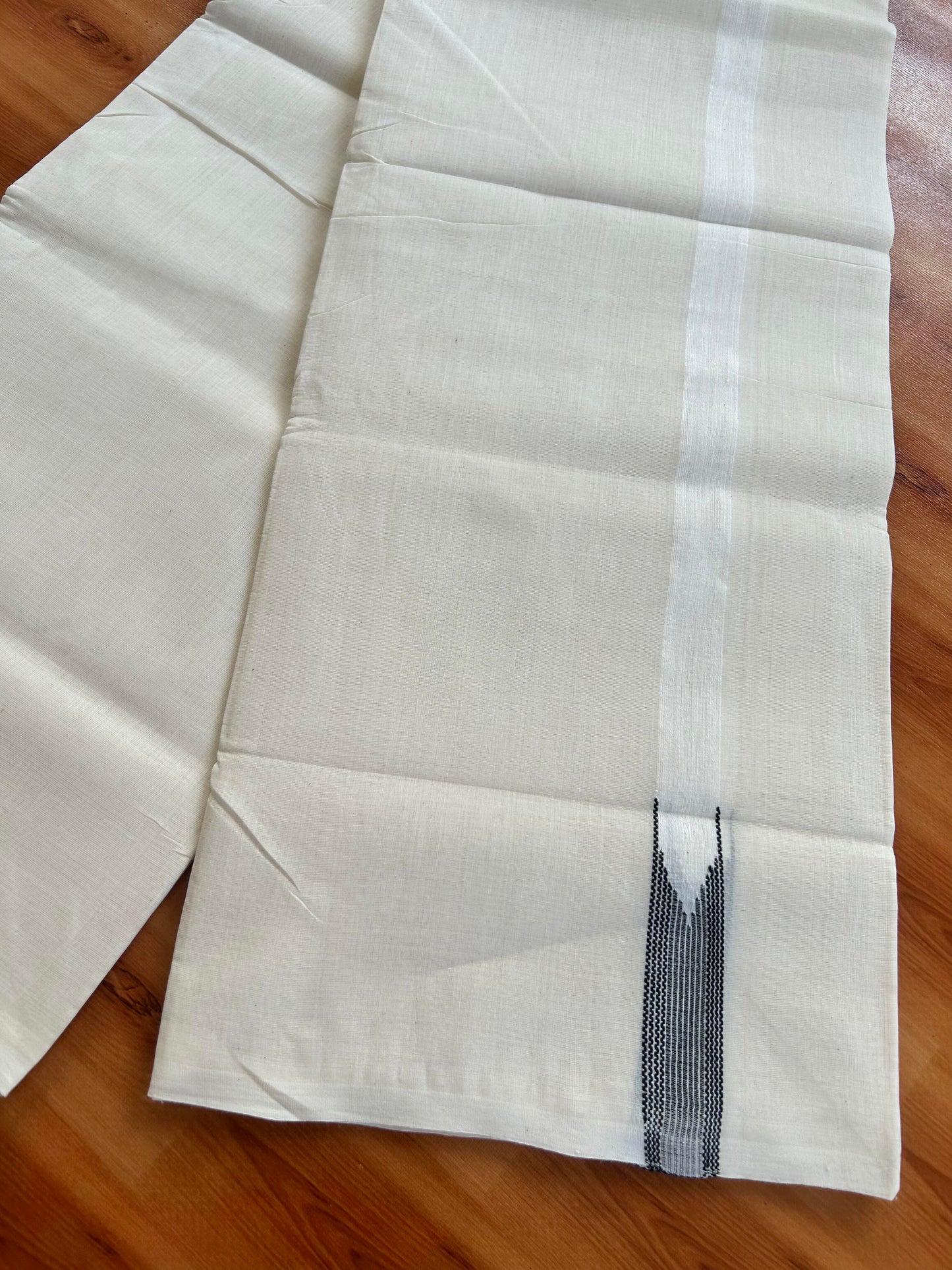 Double Off White (Unbleached) Mundu/Dhoti - 25% Discount!! KaithariKada Handloom Millpaav - Kerala Handloom - 100% Pure Cotton - 80x90 - 0.5 inch Black Striped Chutty Kara 4 meter (8.5 muzham) - 21 KK5449 YAR