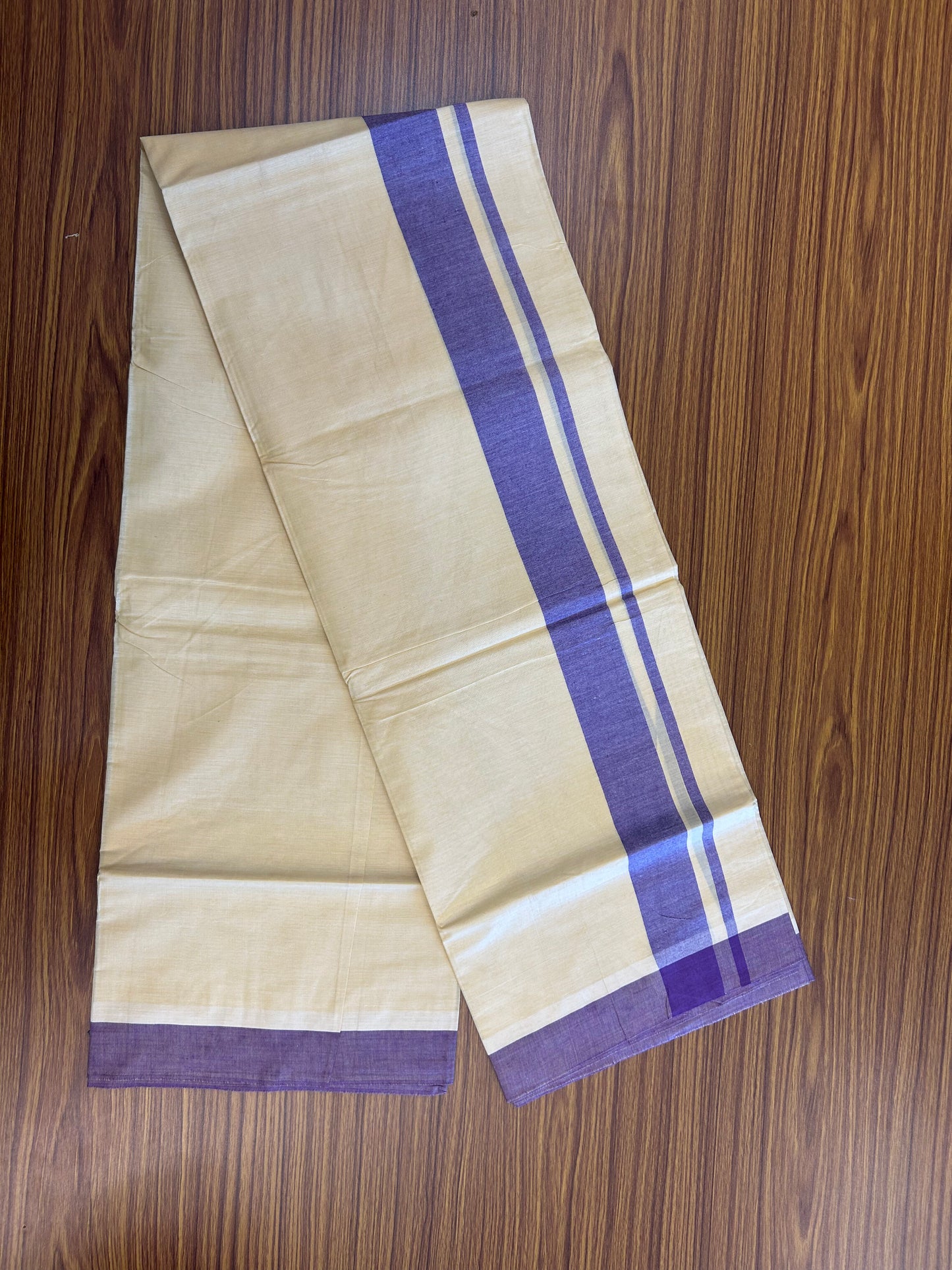 Kannur Kavi - 20% Discount! KaithariKada Balaramapuram  Double Mundu/Dhoti - Pure Cotton - 100x80 - Kannur Yellow colour Body 1.75 Inch Violet kara - 4 mtr - (8.5 muzham) - 5 KK5362 GAN
