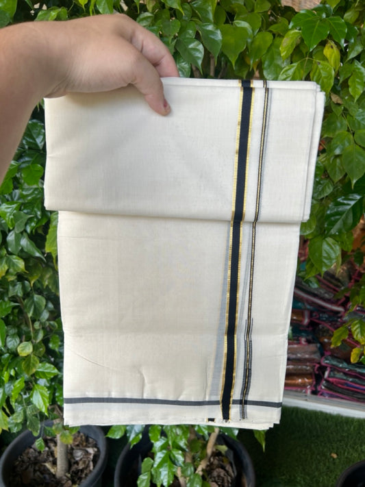 25% DISCOUNT!! KaithariKada HANDLOOM MILPAAV Balaramapuram - 100% PURE Cotton OFF White Double - (Unbleached) Mundu/Dothi - 80x90 - 0.5 Inch Kasavu Black Puliyilakkara chutty - 69KK5234 RAM