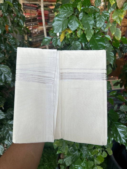 20% Discount ! Kaitharikada Balaramapuram 100% Cotton Off White Double (Unbleached) Mundu/Dothi - 100x80 - 0.75 inch Silver Kasav Stripes Kara 3.80 mtr (8 muzham) - 44 KK5299 THI