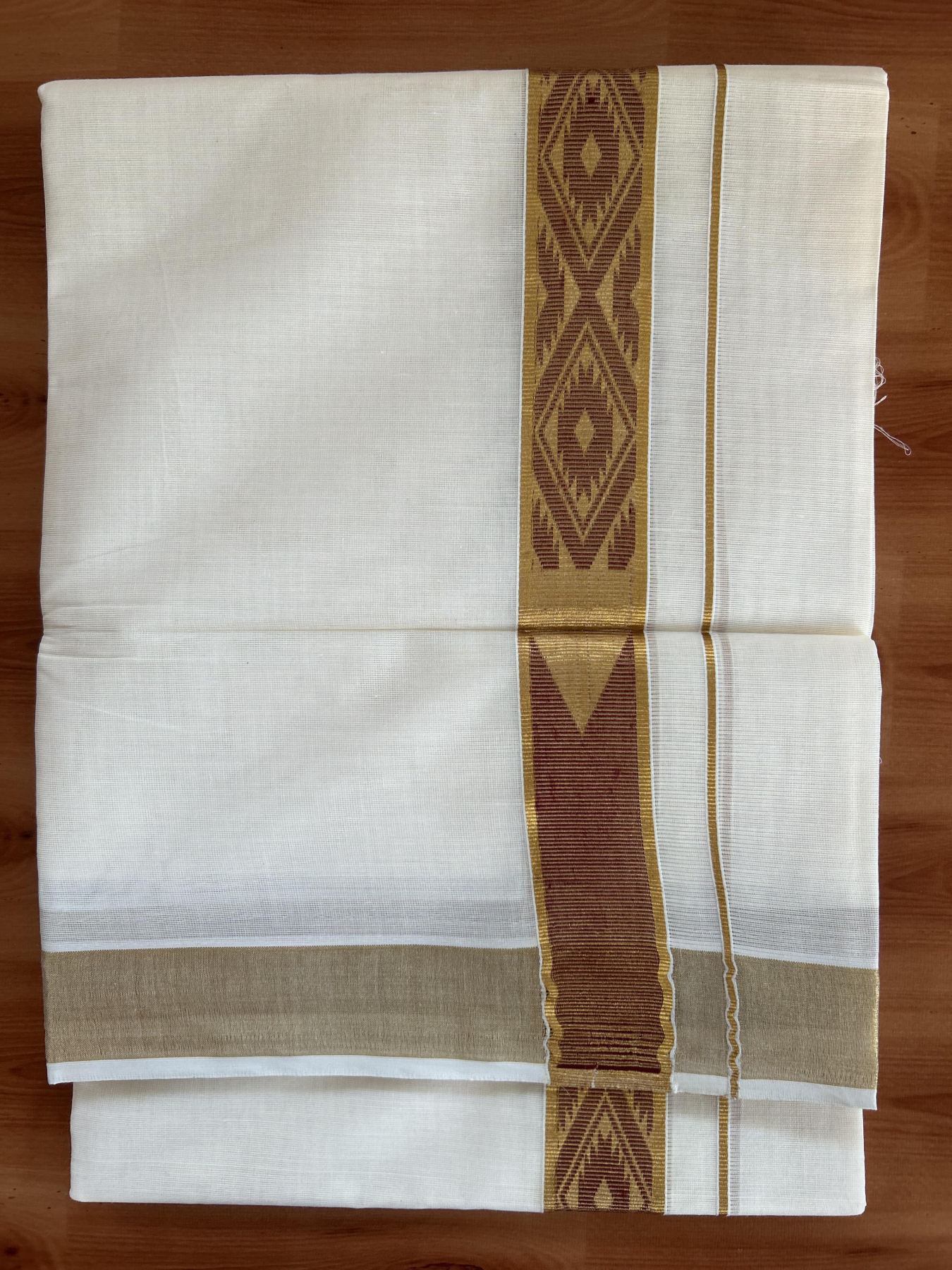 Double Off White (Unbleached) Mund/Dhoti - 20% Discount! KaithariKada Balaramapuram - Mixed Cotton (60s) - 1.5 inch Kasav Maroon Jacquard design chutty Kara 4.00 mtr (8.5 Muzham) -  22 KK5398 PMC