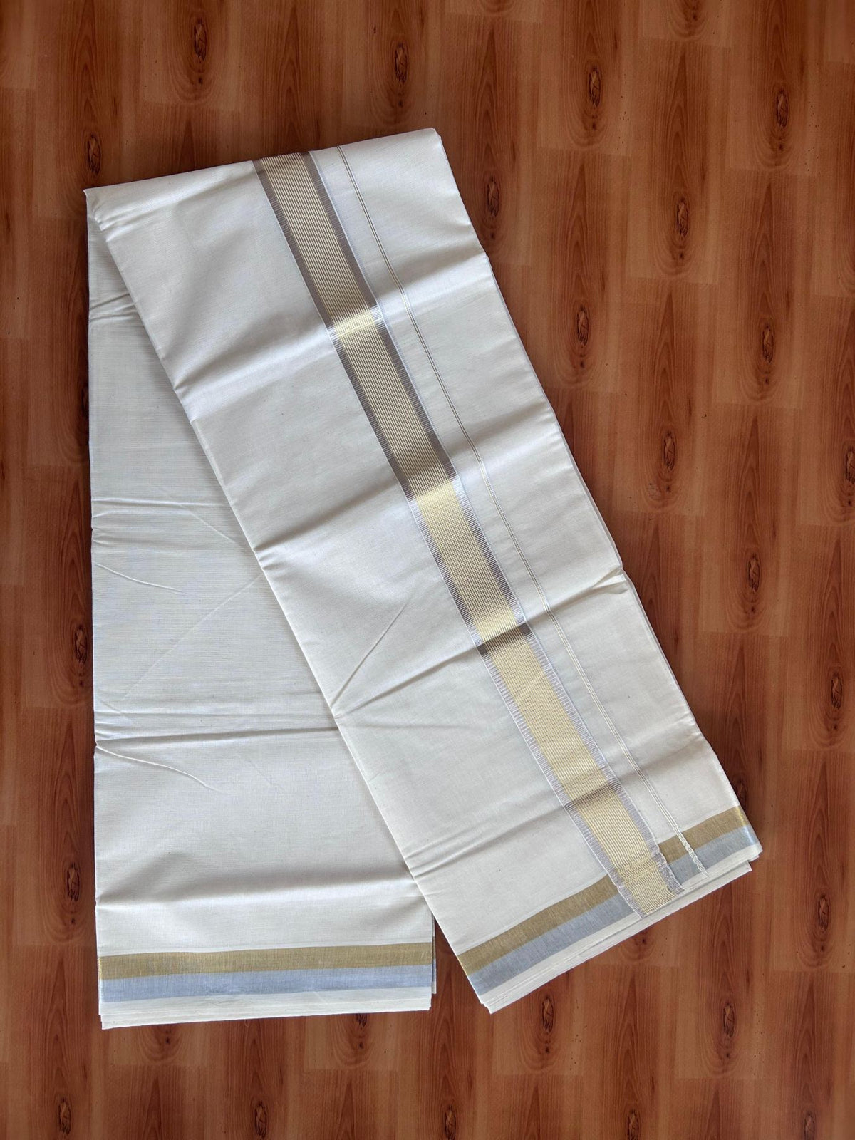 Off White (Unbleached) Double Mundu/Dhoti - 20% Discount ! KaithariKada - Mixed cotton - 80x72 - 1.5 inch Gold & Silver Kasav Striped Kara 4 mtr (8.5 muzham) - 19 KK5514 VIN