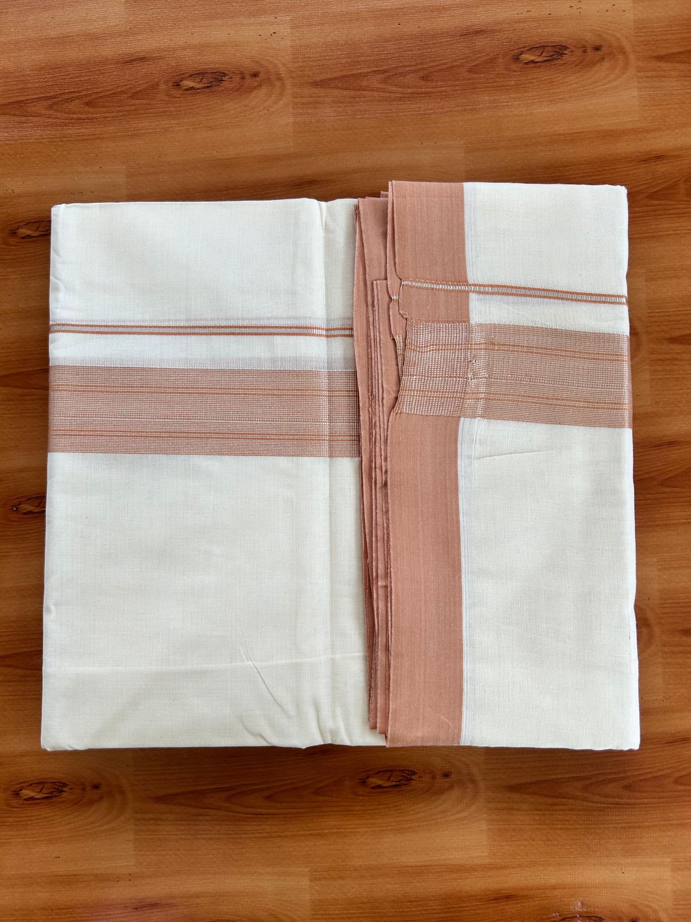 Double Off White (Unbleached) Mundu/Dhoti - 20% Discount! Kaitharikada Pure Cotton - 80x80 - 1.5 Inch Silver Kasav Dark Peach Striped Kara 4 mtr (8.5 muzham) - 2 KK5489 MRH