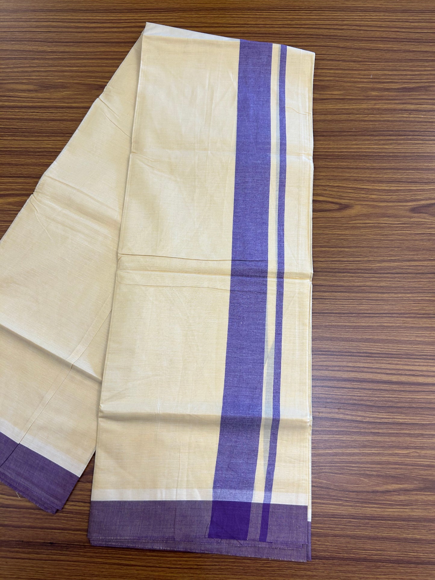 Kannur Kavi - 20% Discount! KaithariKada Balaramapuram  Double Mundu/Dhoti - Pure Cotton - 100x80 - Kannur Yellow colour Body 1.75 Inch Violet kara - 4 mtr - (8.5 muzham) - 5 KK5362 GAN