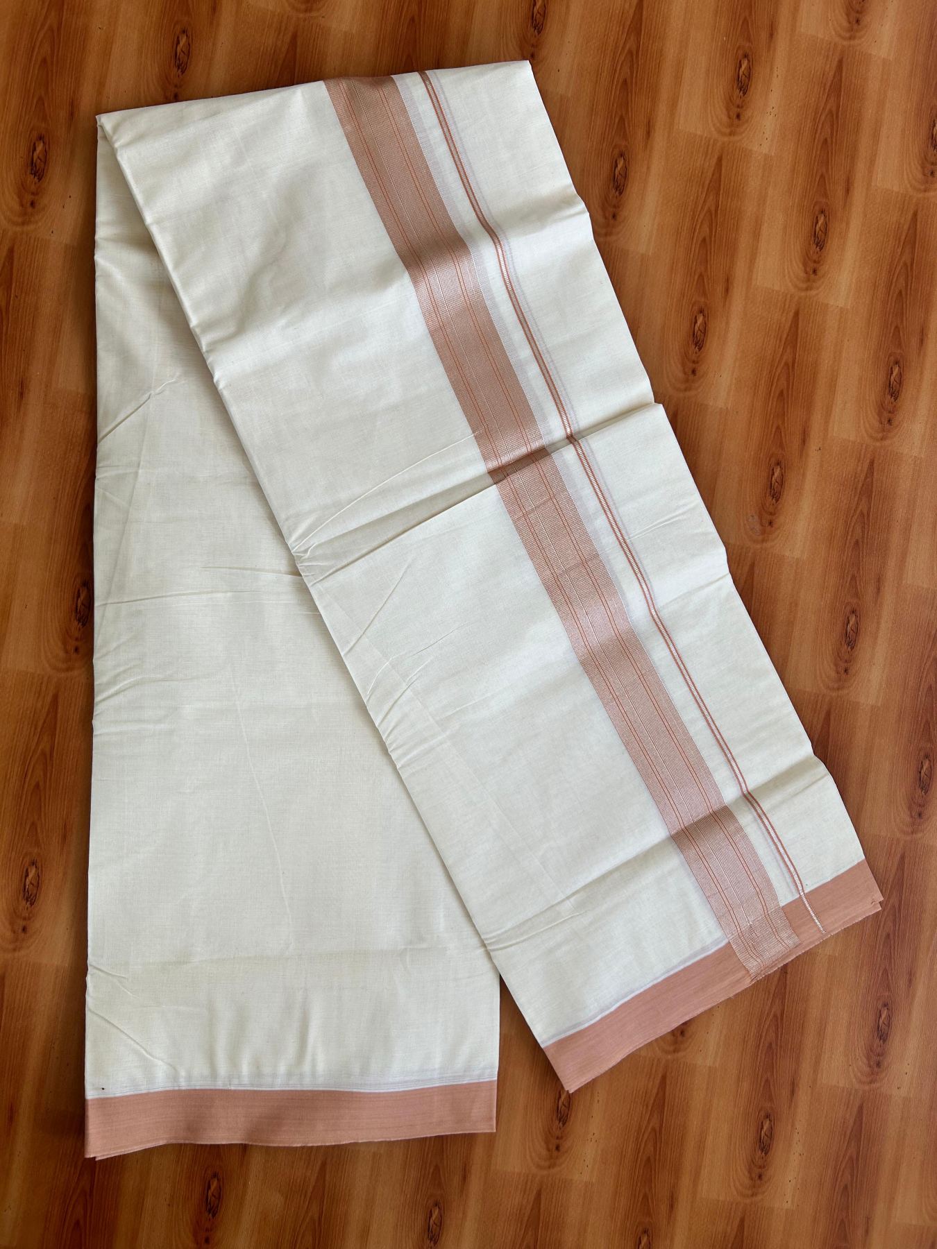 Double Off White (Unbleached) Mundu/Dhoti - 20% Discount! Kaitharikada Pure Cotton - 80x80 - 1.5 Inch Silver Kasav Dark Peach Striped Kara 4 mtr (8.5 muzham) - 2 KK5489 MRH