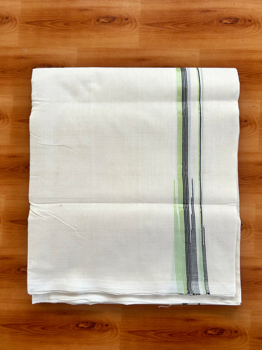 Double Off White (Unbleached) Mundu/Dhoti - 25% Discount! KaithariKada Handloom Unakkupaav Kerala Handloom - Pure Cotton - 80x90 - 0.5 Inch Silver Kasav & Black & Light Green Striped Kara 4.50 Mtr (10 Muzham) - 12 KK5444 YAR