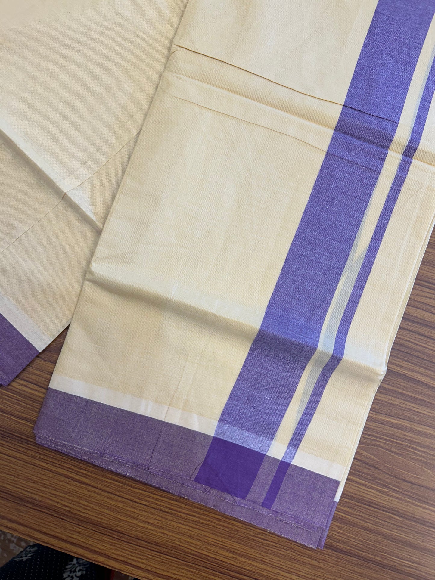 Kannur Kavi - 20% Discount! KaithariKada Balaramapuram  Double Mundu/Dhoti - Pure Cotton - 100x80 - Kannur Yellow colour Body 1.75 Inch Violet kara - 4 mtr - (8.5 muzham) - 5 KK5362 GAN