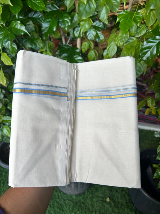 25% DISCOUNT!! KaithariKada HANDLOOM MILPAAV Balaramapuram - 100% PURE Cotton OFF White Double - (Unbleached) Mundu/Dothi - 80x90 - 1 cm Kasavu Sky blue Kara - 78KK5234 RAM