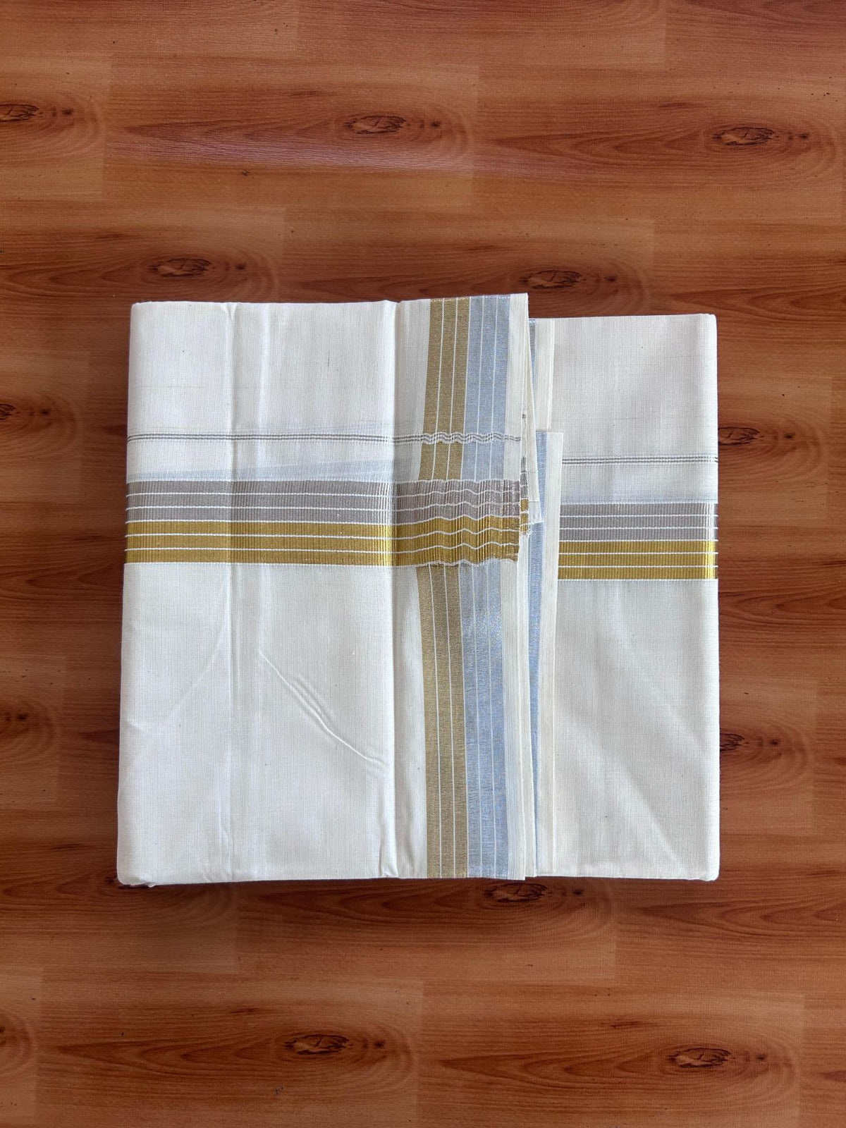 Off White (Unbleached) Double Mundu/Dhoti - 20% Discount ! KaithariKada - Mixed cotton - 80x72 - 1.5 inch Gold & Silver Kasav Striped Kara 4 mtr (8.5 muzham) - 20 KK5514 VIN