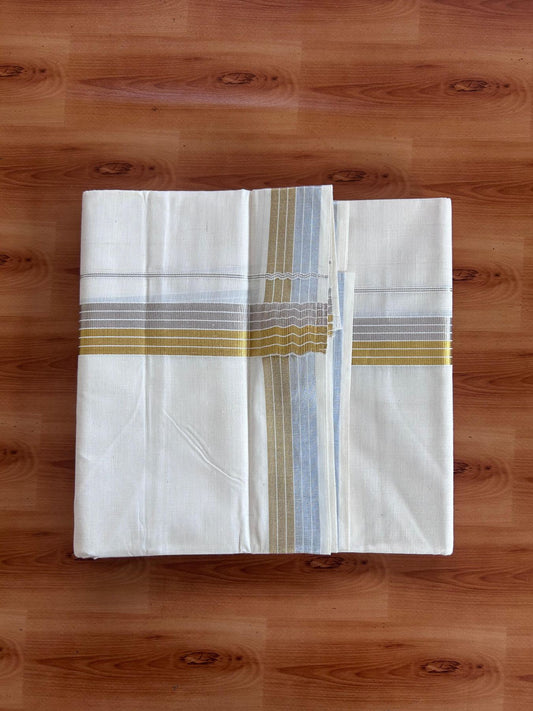 Off White (Unbleached) Double Mundu/Dhoti - 20% Discount ! KaithariKada - Mixed cotton - 80x72 - 1.5 inch Gold & Silver Kasav Striped Kara 4 mtr (8.5 muzham) - 20 KK5514 VIN