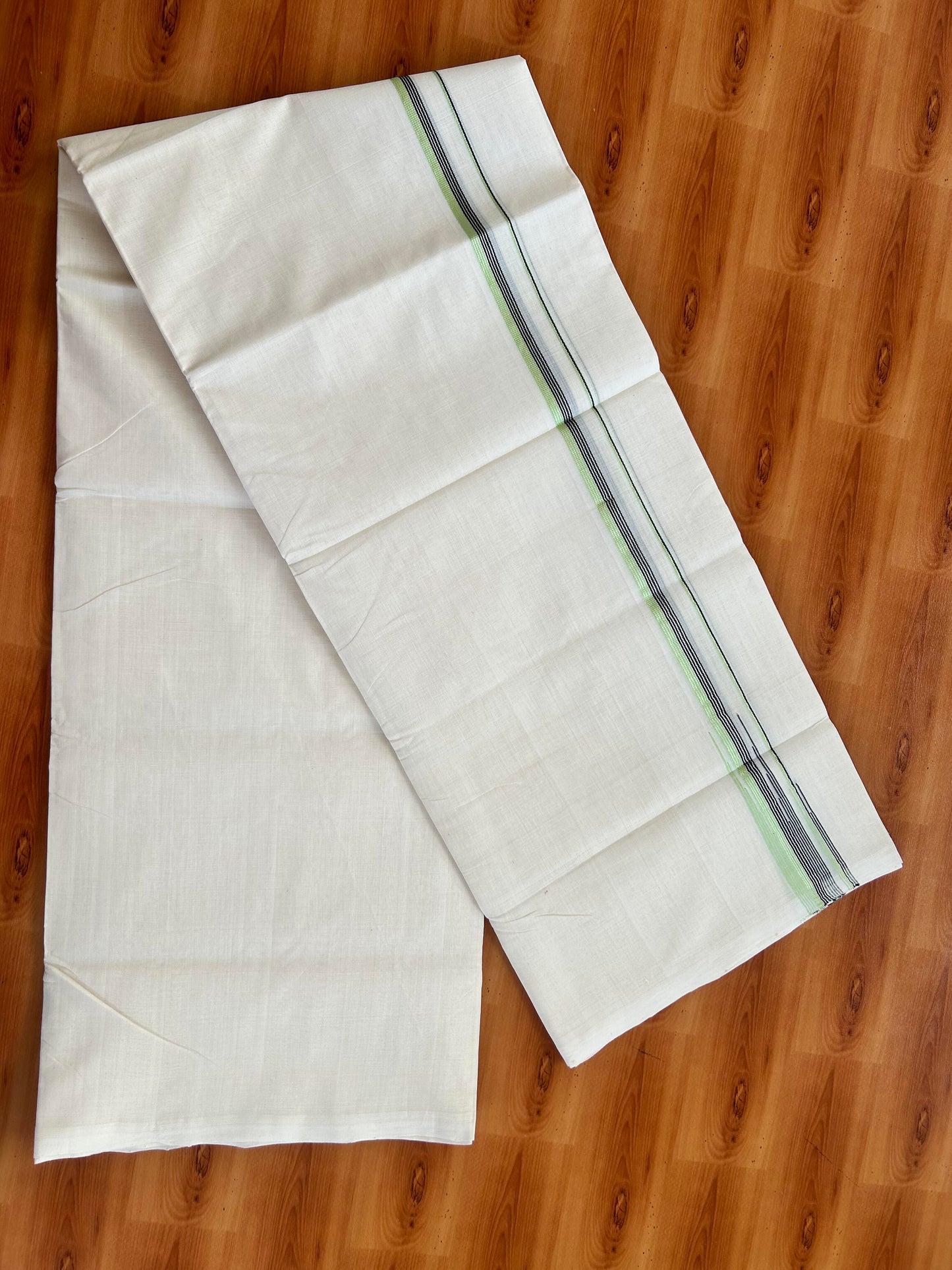 Double Off White (Unbleached) Mundu/Dhoti - 25% Discount! KaithariKada Handloom Unakkupaav Kerala Handloom - Pure Cotton - 80x90 - 0.5 Inch Silver Kasav & Black & Light Green Striped Kara 4.50 Mtr (10 Muzham) - 12 KK5444 YAR