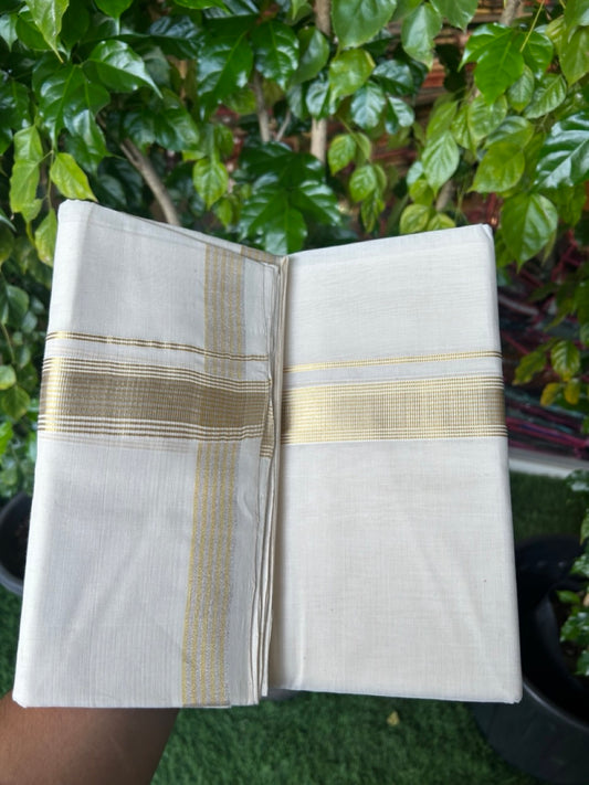 25% DISCOUNT!! KaithariKada HANDLOOM MILPAAV Balaramapuram - 100% PURE Cotton OFF White Double - (Unbleached) Mundu/Dothi - 80x90 - 1.25 inch Gold silver kasavu & White striped Kara - 85 KK5234 RAM