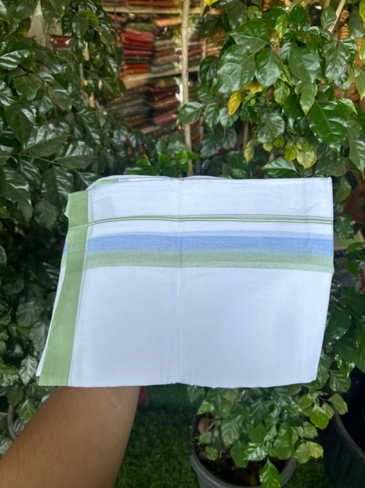 20% Discount ! Kaitharikada Balaramapuram 100% Cotton Pure White Double Mundu/Dothi - 60s - 1.5 inch Light Blue & Light Green Shaded Kara 3.80 mtr (8 muzham) - 55 KK5299 THI