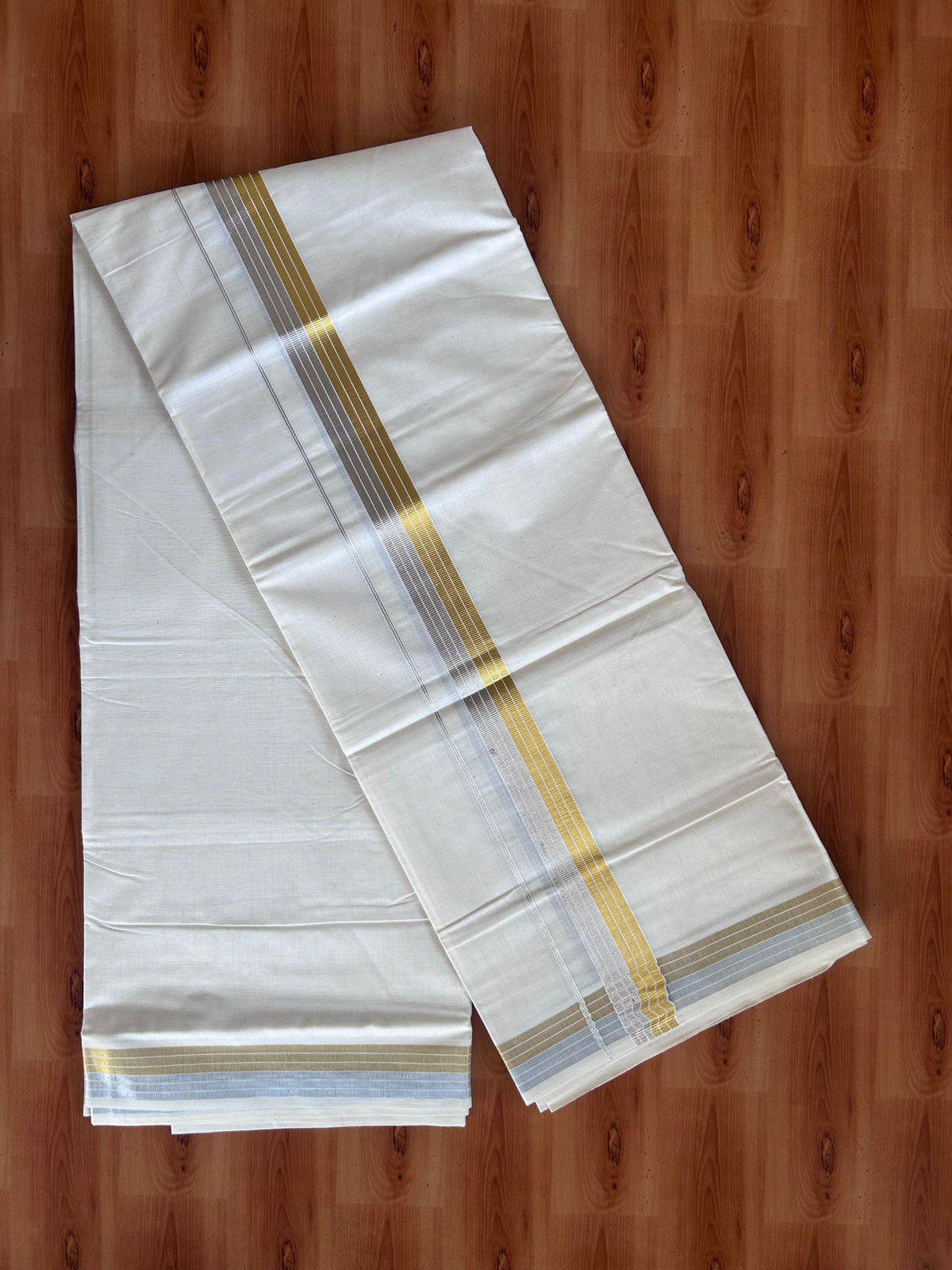 Off White (Unbleached) Double Mundu/Dhoti - 20% Discount ! KaithariKada - Mixed cotton - 80x72 - 1.5 inch Gold & Silver Kasav Striped Kara 4 mtr (8.5 muzham) - 20 KK5514 VIN