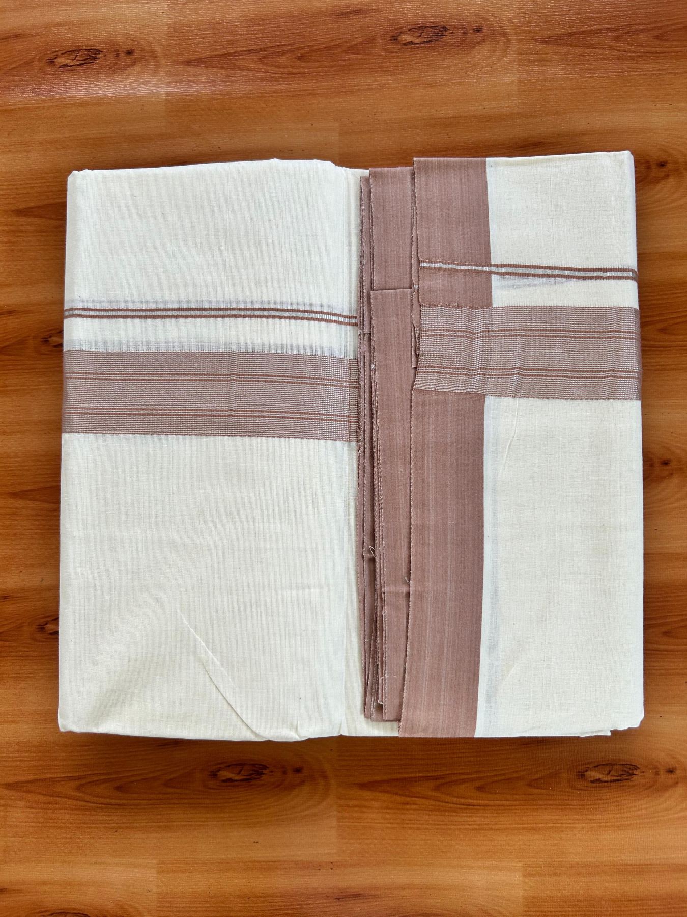 Double Off White (Unbleached) Mundu/Dhoti - 20% Discount! Kaitharikada Pure Cotton - 80x80 - 1.5 Inch Silver Kasav Dusty Peach Striped Kara 4 mtr (8.5 muzham) - 3 KK5489 MRH