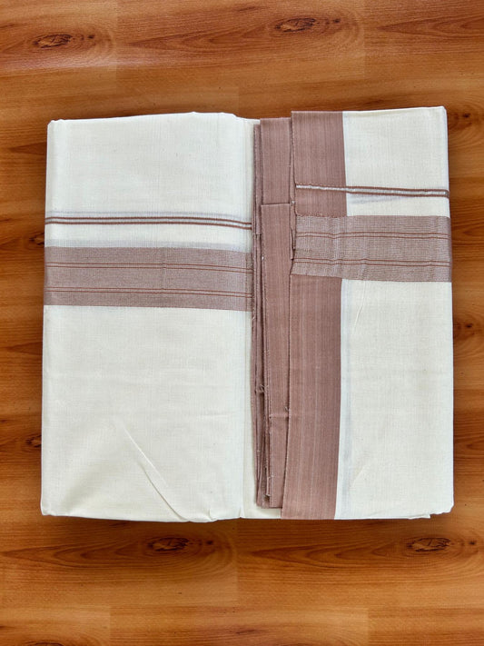 Double Off White (Unbleached) Mundu/Dhoti - 20% Discount! Kaitharikada Pure Cotton - 80x80 - 1.5 Inch Silver Kasav Dusty Peach Striped Kara 4 mtr (8.5 muzham) - 3 KK5489 MRH