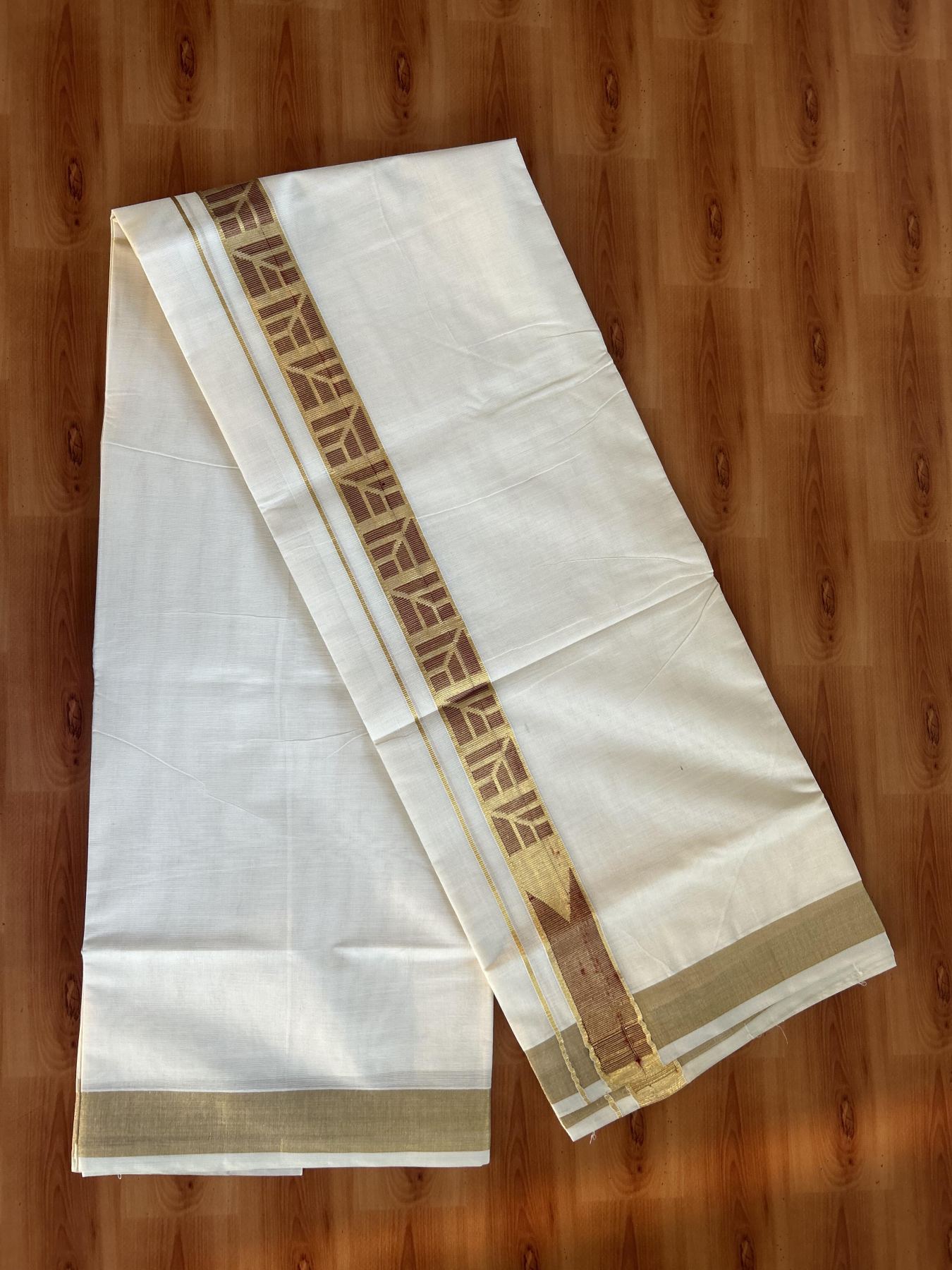 Double Off White (Unbleached) Mund/Dhoti - 20% Discount! KaithariKada Balaramapuram - Mixed Cotton (60s) - 1.5 inch Kasav Maroon Jacquard design chutty Kara 4.00 mtr (8.5 Muzham) -  23 KK5398 PMC