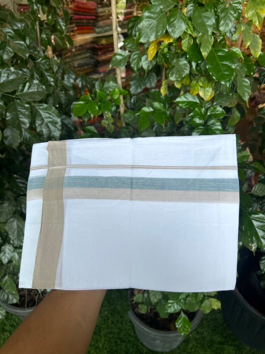 20% Discount ! Kaitharikada Balaramapuram 100% Cotton Pure White Double Mundu/Dothi - 60s - 1.5 inch Green & Beige Shaded Kara 3.80 mtr (8 muzham) - 53 KK5299 THI