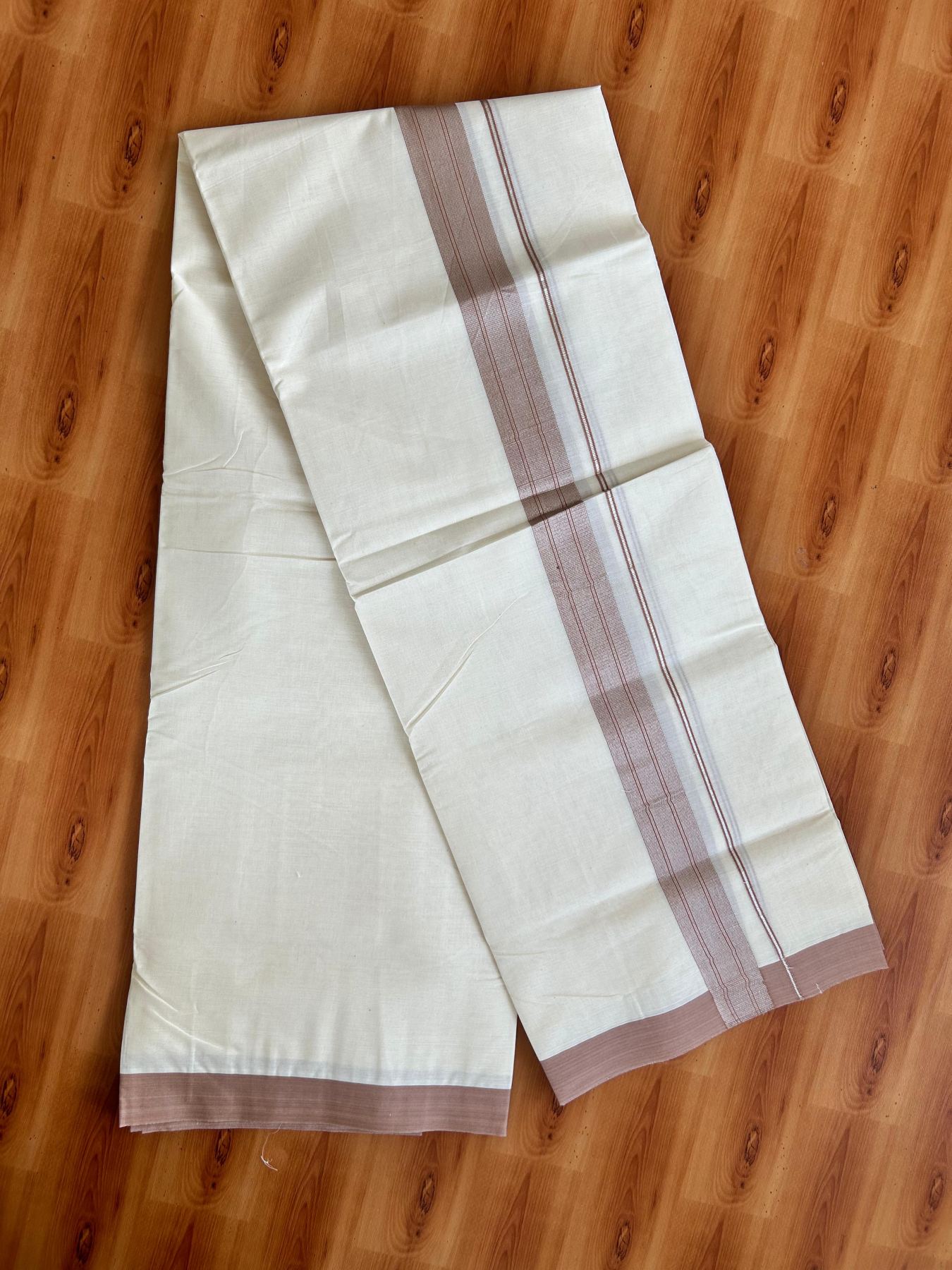 Double Off White (Unbleached) Mundu/Dhoti - 20% Discount! Kaitharikada Pure Cotton - 80x80 - 1.5 Inch Silver Kasav Dusty Peach Striped Kara 4 mtr (8.5 muzham) - 3 KK5489 MRH