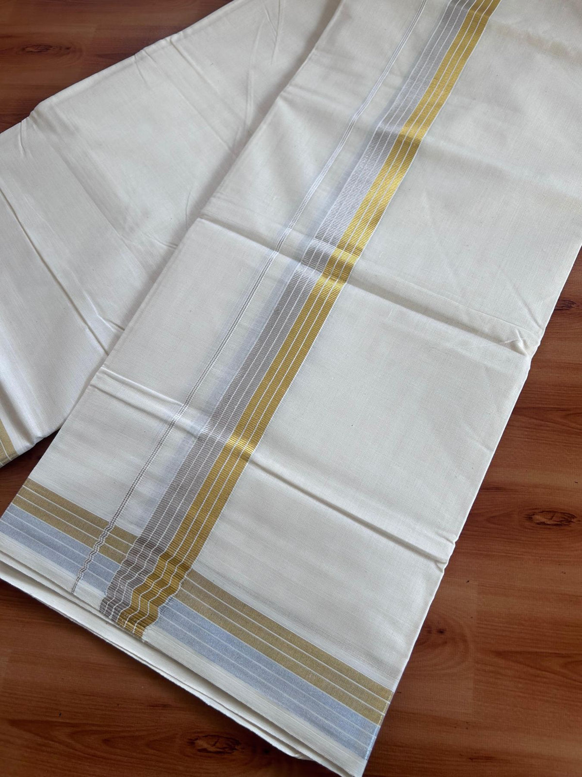Off White (Unbleached) Double Mundu/Dhoti - 20% Discount ! KaithariKada - Mixed cotton - 80x72 - 1.5 inch Gold & Silver Kasav Striped Kara 4 mtr (8.5 muzham) - 20 KK5514 VIN