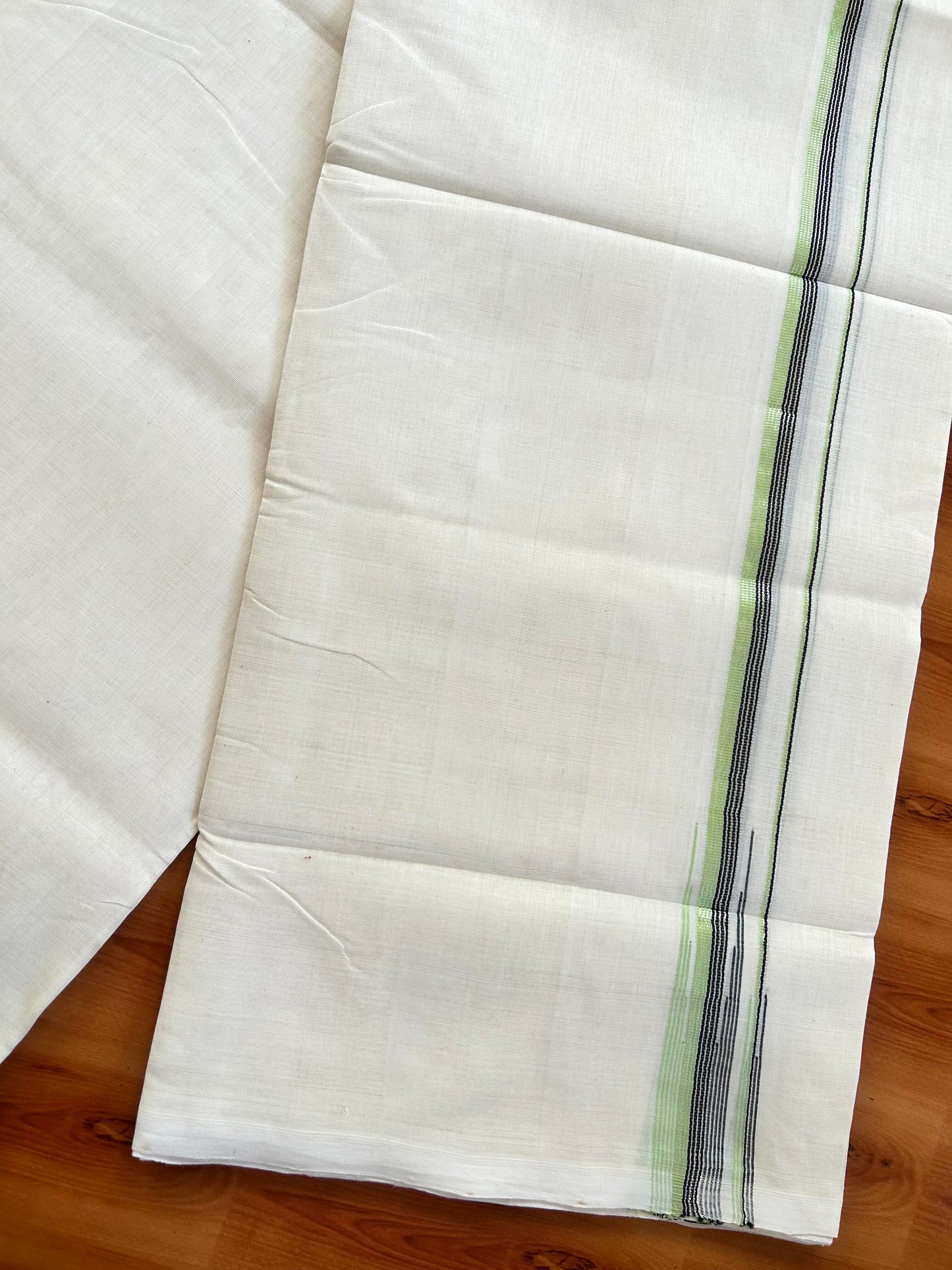 Double Off White (Unbleached) Mundu/Dhoti - 25% Discount! KaithariKada Handloom Unakkupaav Kerala Handloom - Pure Cotton - 80x90 - 0.5 Inch Silver Kasav & Black & Light Green Striped Kara 4.50 Mtr (10 Muzham) - 12 KK5444 YAR