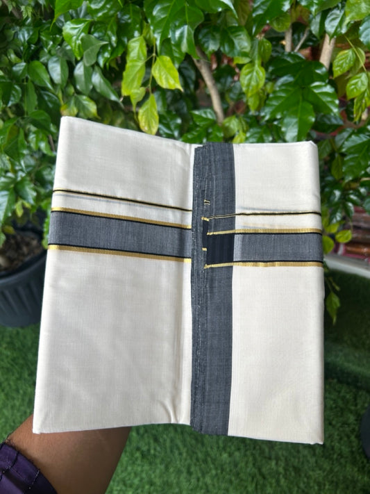 25% Discount! KaithariKada HANDLOOM UNAKKUPAAV Balaramapuram - 100% PURE Cotton OFF White (Unbleached) Double Mundu/Dothi - 80x90 - 1.5 inch Kasavu Black  Mulloth Kara 4.5 Meters (10 Muzham) - 66KK5234 RAM