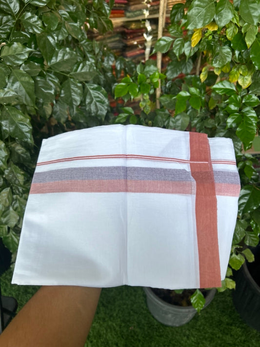 20% Discount ! Kaitharikada Balaramapuram 100% Cotton Pure White Double Mundu/Dothi - 60s - 1.5 inch Violet & Burnt Orange Shaded Kara 3.80 mtr (8 muzham) - 57 KK5299 THI