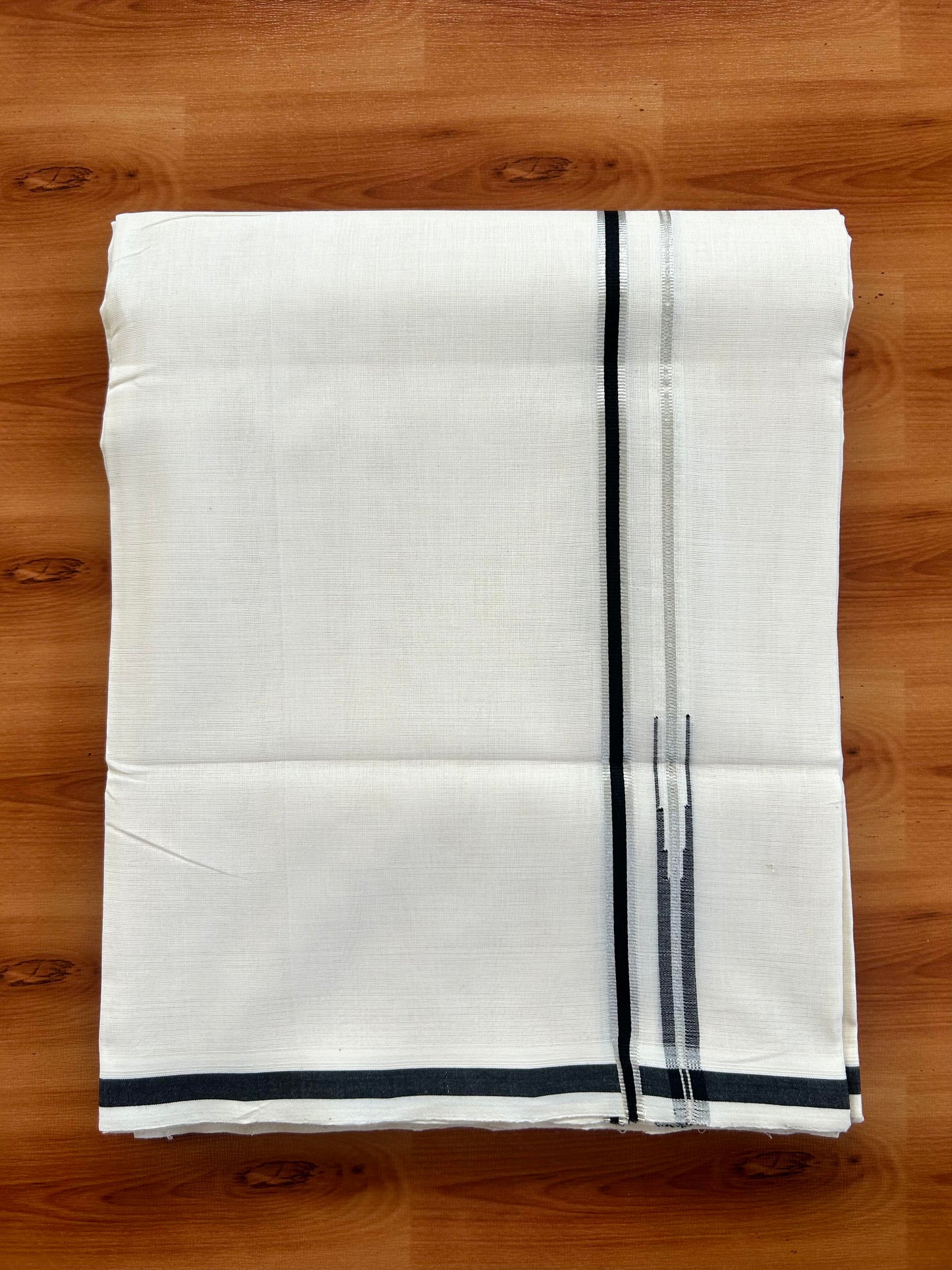 Double Off White - (Unbleached) Mundu/Dothi- 25% Discount!! KaithariKada Handloom Unakkupaav - Kerala Handloom - Pure Cotton - 80X90 - 0.5 inch Puliyilakkara Silver Kasav & Black Chutty Kara 4 mtr (8.5 muzham) - 2 KK5444 YAR
