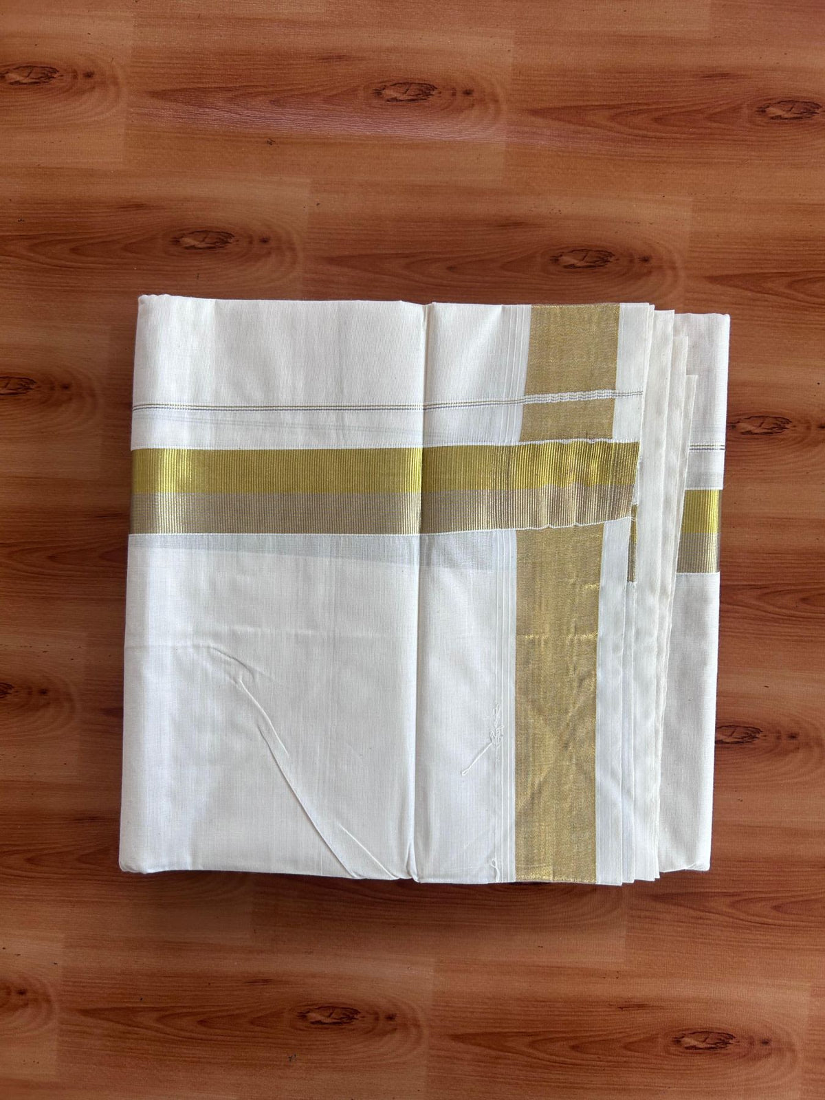Off White (Unbleached) Double Mundu/Dhoti - 20% Discount ! KaithariKada - Pure cotton - 100x80 - 1.5 inch Gold & Silver Kasav Striped Kara 4 mtr (8.5 muzham) - 18 KK5514 VIN