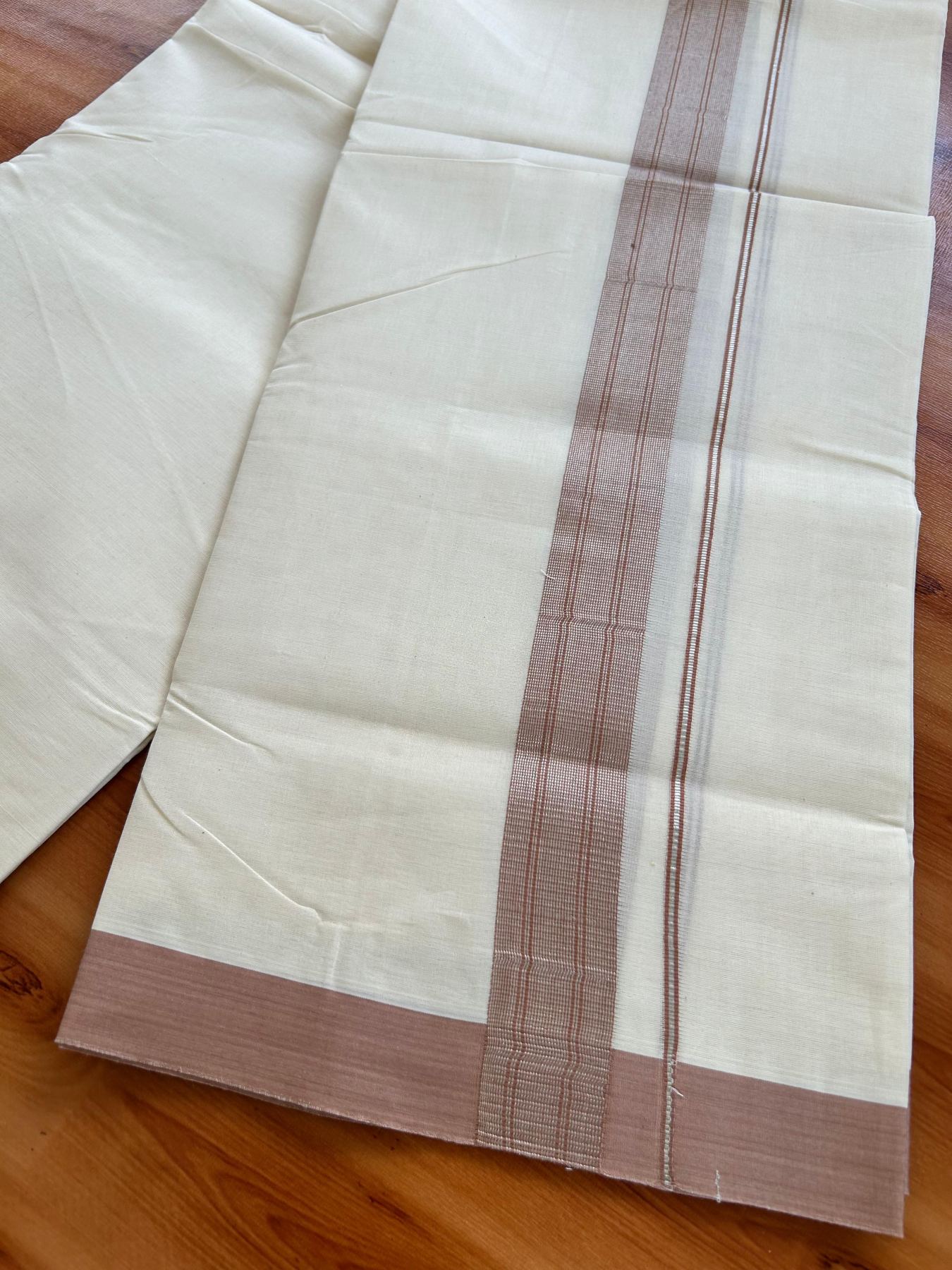 Double Off White (Unbleached) Mundu/Dhoti - 20% Discount! Kaitharikada Pure Cotton - 80x80 - 1.5 Inch Silver Kasav Dusty Peach Striped Kara 4 mtr (8.5 muzham) - 3 KK5489 MRH