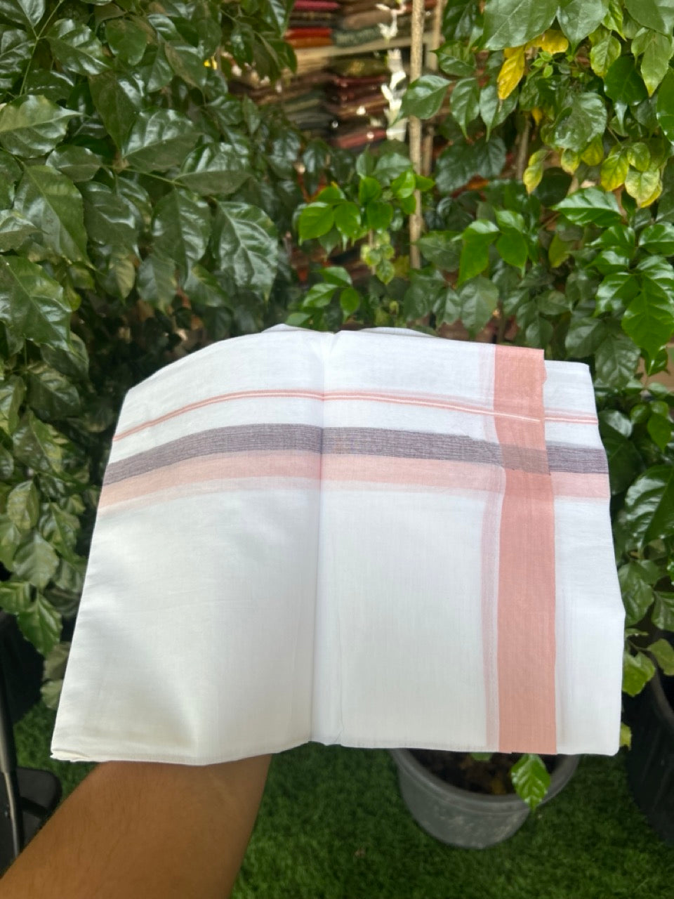 20% Discount ! Kaitharikada Balaramapuram 100% Cotton Pure White Double Mundu/Dothi - 60s - 1.5 inch Wine Purple & Light Peach Kara 3.80 mtr (8 muzham) - 46 KK5299 THI