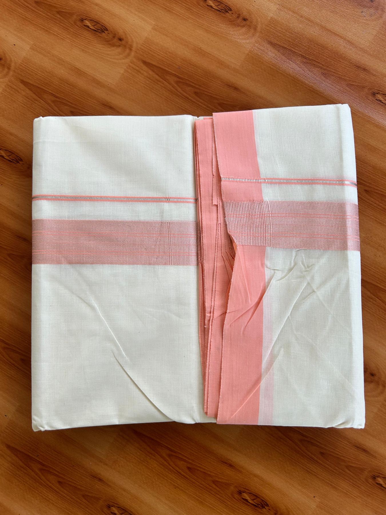 Double Off White (Unbleached) Mundu/Dhoti - 20% Discount! Kaitharikada Pure Cotton - 80x80 - 1.5 Inch Silver Kasav Peach Pink Striped Kara 4 mtr (8.5 muzham) - 4 KK5489 MRH