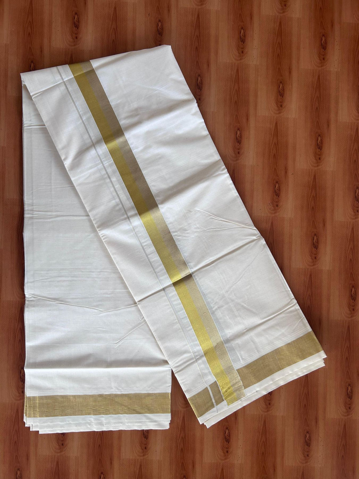 Off White (Unbleached) Double Mundu/Dhoti - 20% Discount ! KaithariKada - Pure cotton - 100x80 - 1.5 inch Gold & Silver Kasav Striped Kara 4 mtr (8.5 muzham) - 18 KK5514 VIN