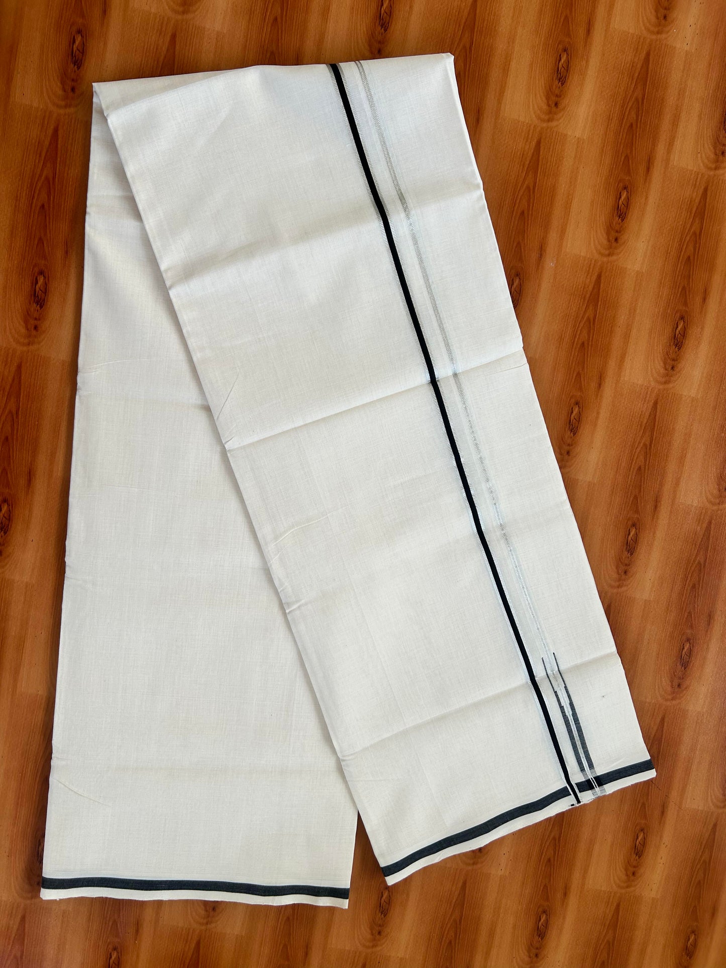 Double Off White - (Unbleached) Mundu/Dothi- 25% Discount!! KaithariKada Handloom Unakkupaav - Kerala Handloom - Pure Cotton - 80X90 - 0.5 inch Puliyilakkara Silver Kasav & Black Chutty Kara 4 mtr (8.5 muzham) - 2 KK5444 YAR