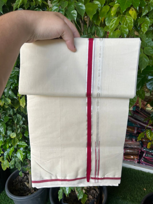 25% DISCOUNT!! KaithariKada HANDLOOM MILPAAV Balaramapuram - 100% PURE Cotton OFF White Double - (Unbleached) Mundu/Dothi - 80x90 - 0.5 Inch Silver Kasavu Dark Red Puliyilakkara chutty - 75KK5234 RAM