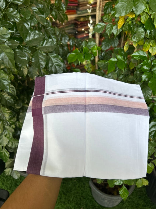 20% Discount ! Kaitharikada Balaramapuram 100% Cotton Pure White Double Mundu/Dothi - 60s - 1.5 inch Wine purple & Light Orange Shaded Kara 3.80 mtr (8 muzham) - 52 KK5299 THI