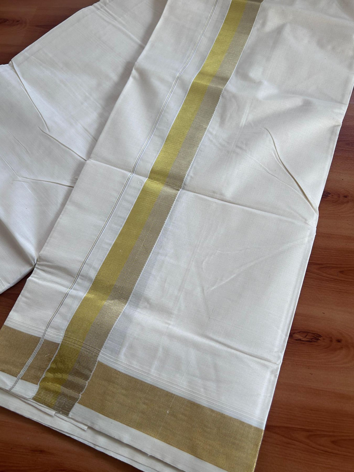 Off White (Unbleached) Double Mundu/Dhoti - 20% Discount ! KaithariKada - Pure cotton - 100x80 - 1.5 inch Gold & Silver Kasav Striped Kara 4 mtr (8.5 muzham) - 18 KK5514 VIN