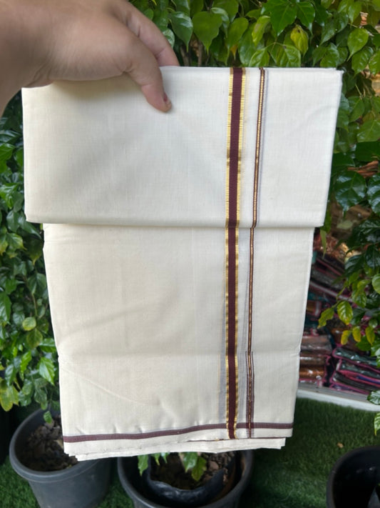 25% DISCOUNT!! KaithariKada HANDLOOM MILPAAV Balaramapuram - 100% PURE Cotton OFF White Double - (Unbleached) Mundu/Dothi - 80x90 - 0.5 Inch Kasavu Brownish Maroon Puliyilakkara chutty - 68KK5234 RAM