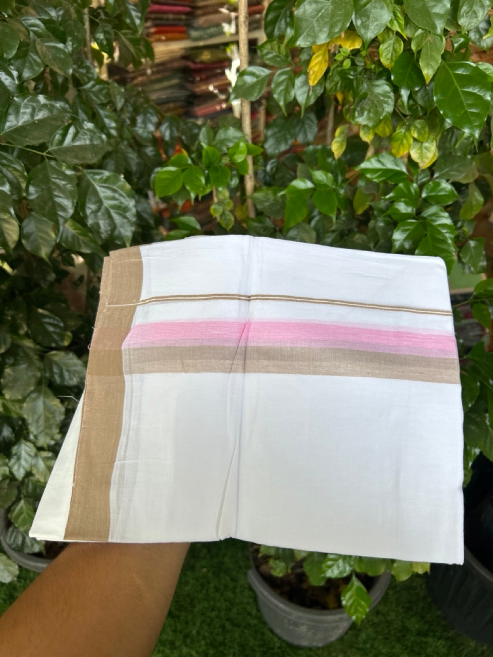 20% Discount ! Kaitharikada Balaramapuram 100% Cotton Pure White Double Mundu/Dothi - 60s - 1.5 inch Light Brown & Pink Shaded Kara 3.80 mtr (8 muzham) - 49 KK5299 THI