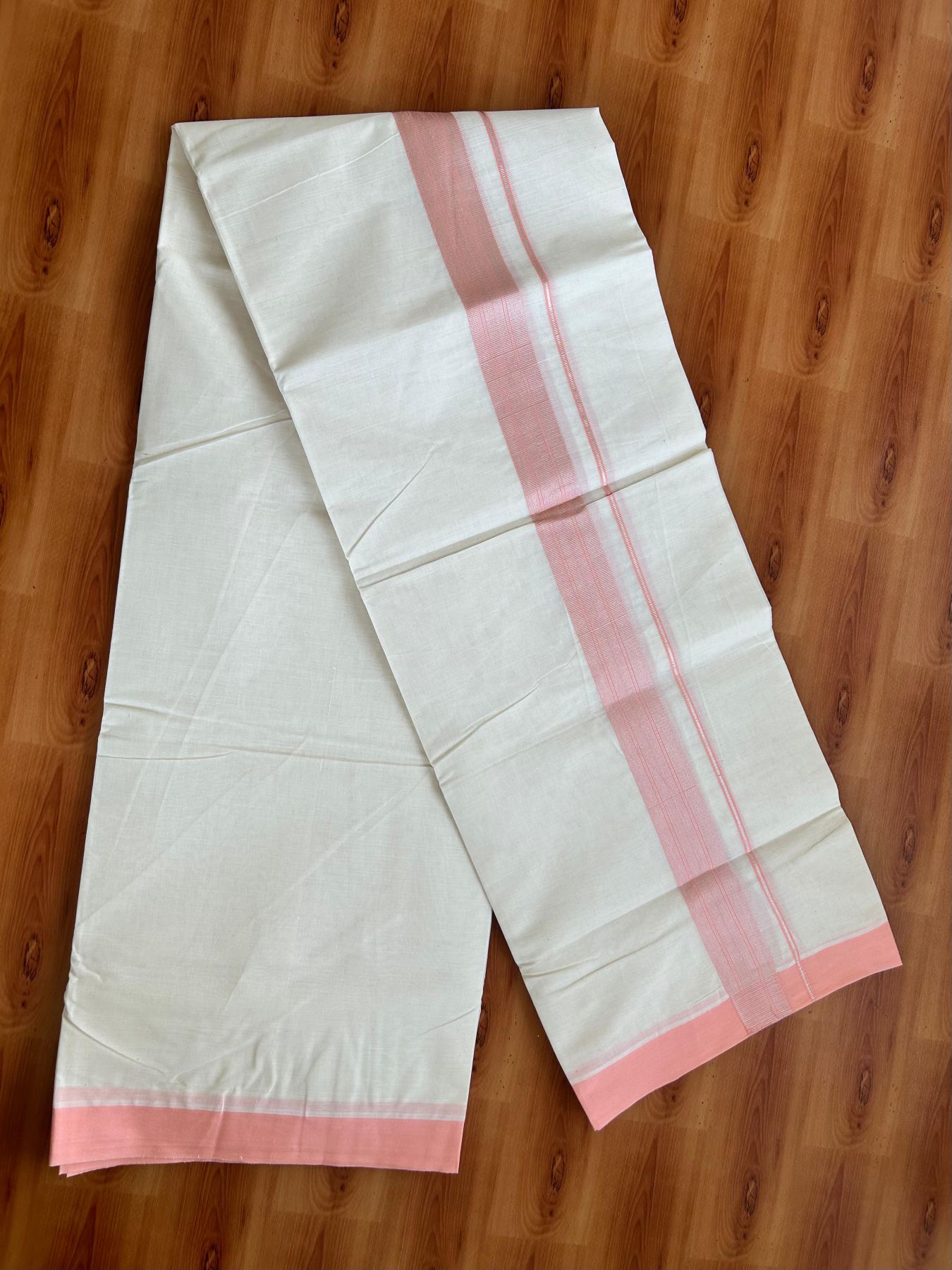Double Off White (Unbleached) Mundu/Dhoti - 20% Discount! Kaitharikada Pure Cotton - 80x80 - 1.5 Inch Silver Kasav Peach Pink Striped Kara 4 mtr (8.5 muzham) - 4 KK5489 MRH