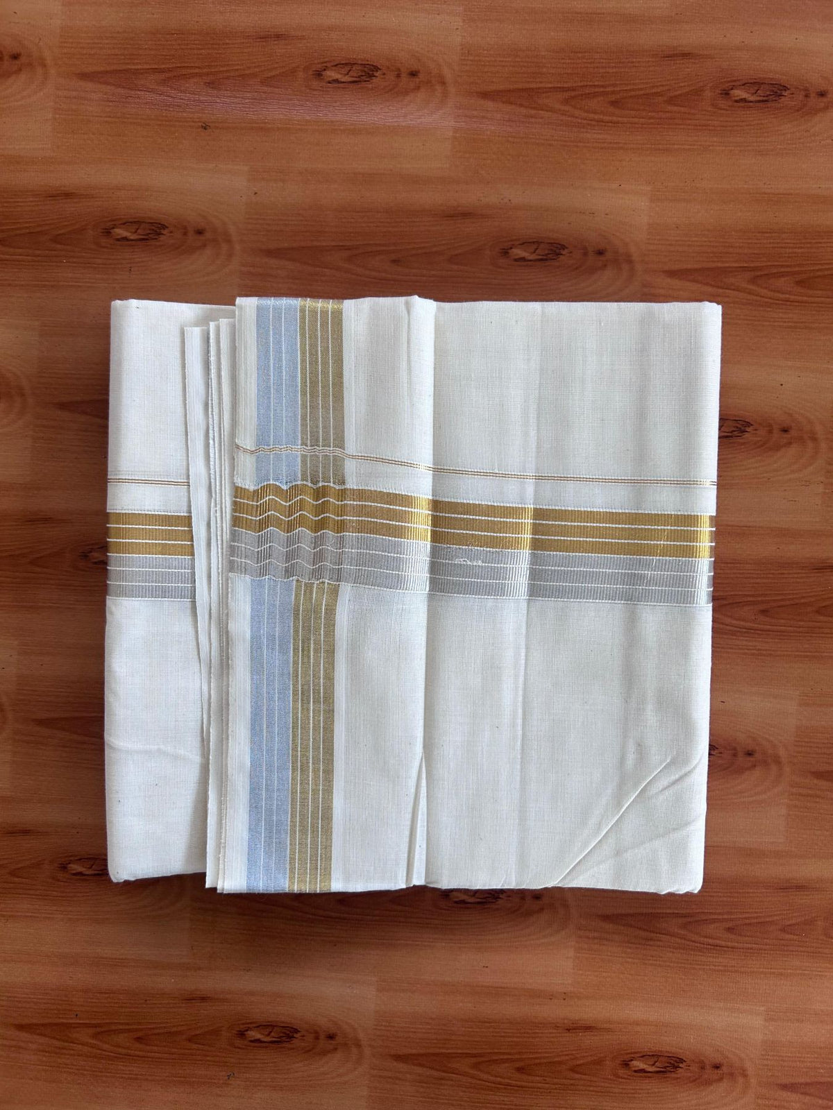 Off White (Unbleached) Double Mundu/Dhoti - 20% Discount ! KaithariKada - Mixed cotton - 80x72 - 1.5 inch Gold & Silver Kasav Striped Kara 4 mtr (8.5 muzham) - 21 KK5514 VIN