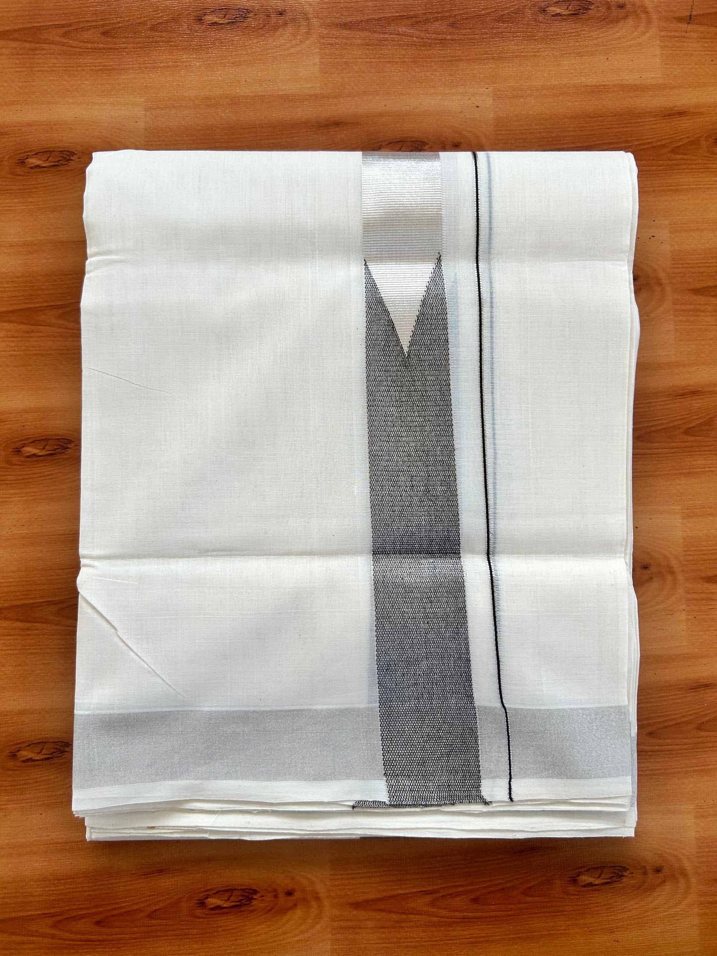 Double Off White - (Unbleached) Mundu/Dothi- 25% Discount!! KaithariKada Handloom Unakkupaav - Kerala Handloom - Pure Cotton - 80X90 - 1.5 inch Puliyilakkara Silver Kasav & Black Shaded Big Chutty Kara 4 mtr (8.5 muzham) - 13 KK5444 YAR